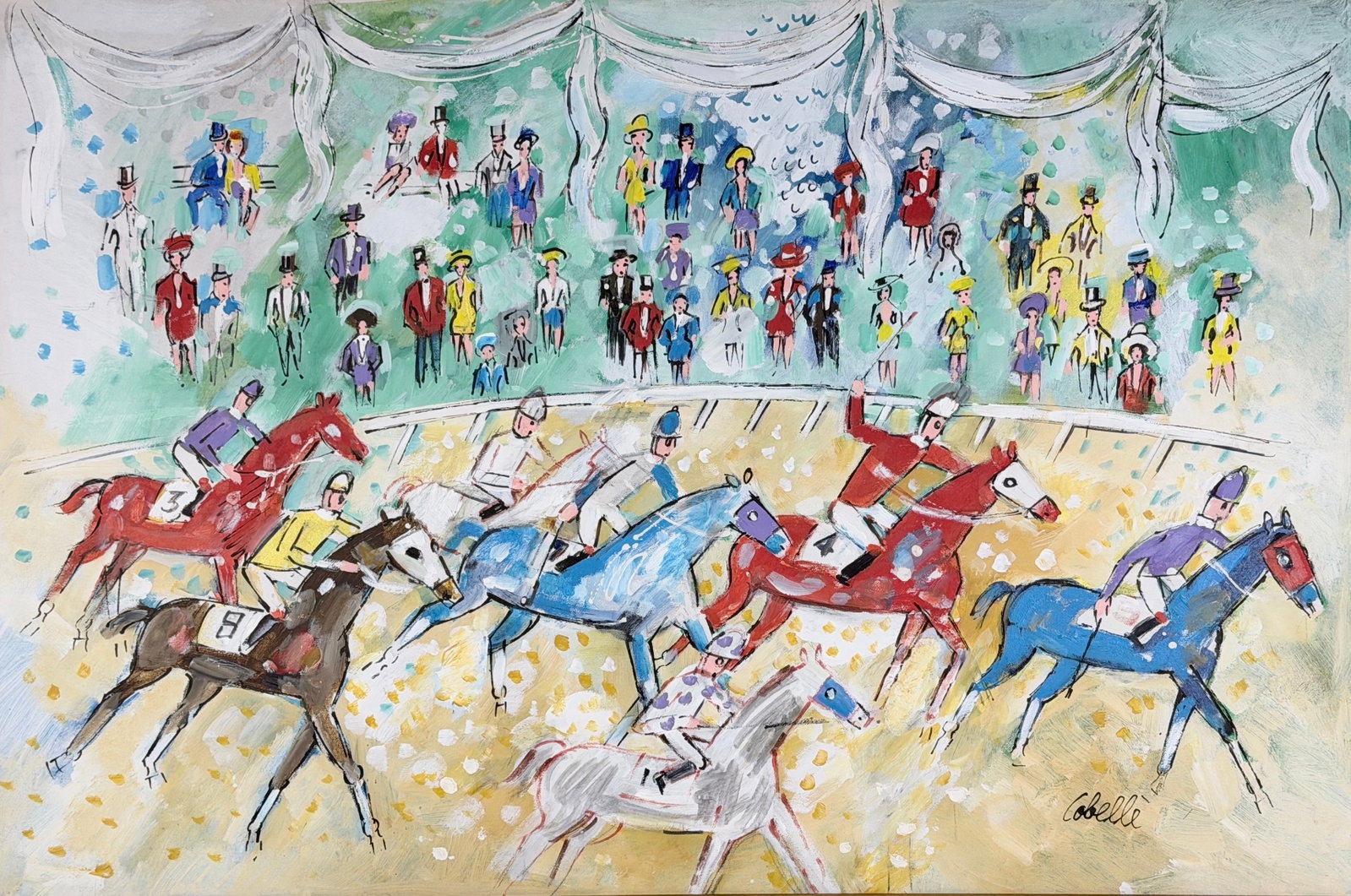 Charles Cobelle “Horse Race" Oil on Canvas: Signed by the artist lower right. Image: 23 1/2" x 35 1/2" Frame: 26" x 38" Condition: The image and frame are in good condition. Artist Bio: Charles Cobelle (1902–1994) was a French-Ameri