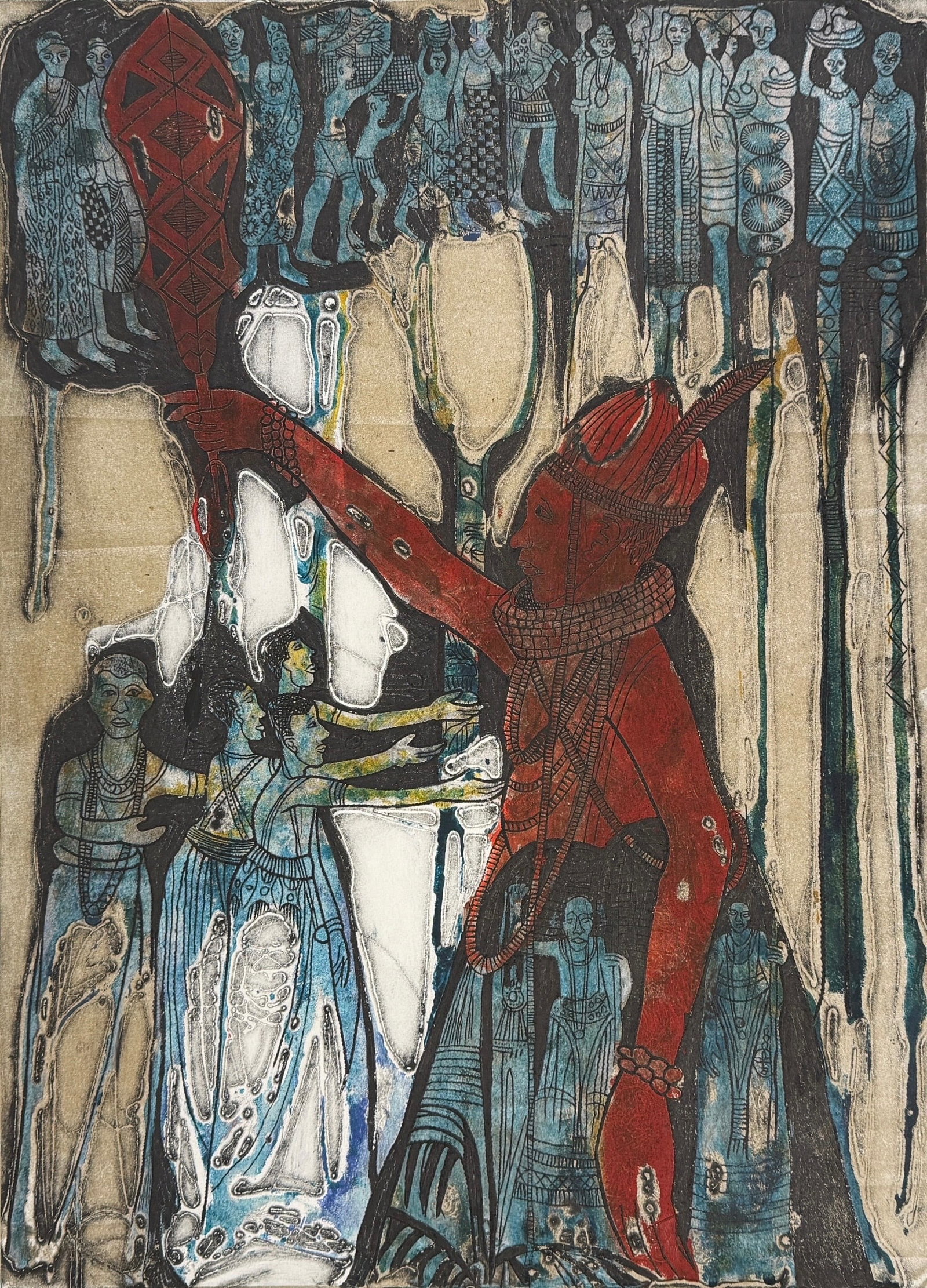 Bruce Onobrakpeya “Oba Aika I (Brown Base)" Print: Signed by artist lower right and numbered lower left. Limited Edition: 1/30 Dimensions: 37" x 20 1/2" Condition: There is a crease along the bottom of the artwork. Minor undulation to the paper.