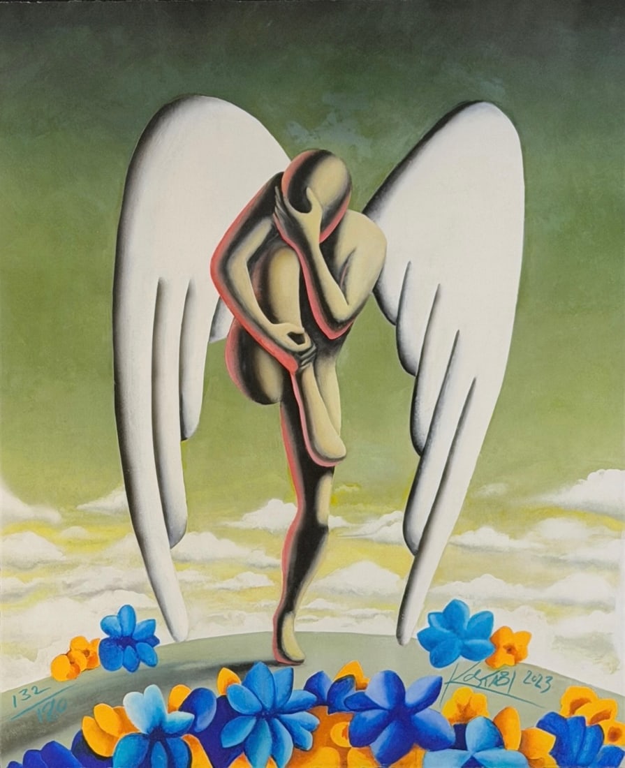Mark Kostabi “Beyond Belief" Giclee in Color on Paper: Signed and dated lower right. Numbered lower left. Limited Edition: 132/180 Date: 2023 Certificate of Authenticity included. Image: 24" x 19 1/2" Frame: 35" x 31" Condition: The image and fra