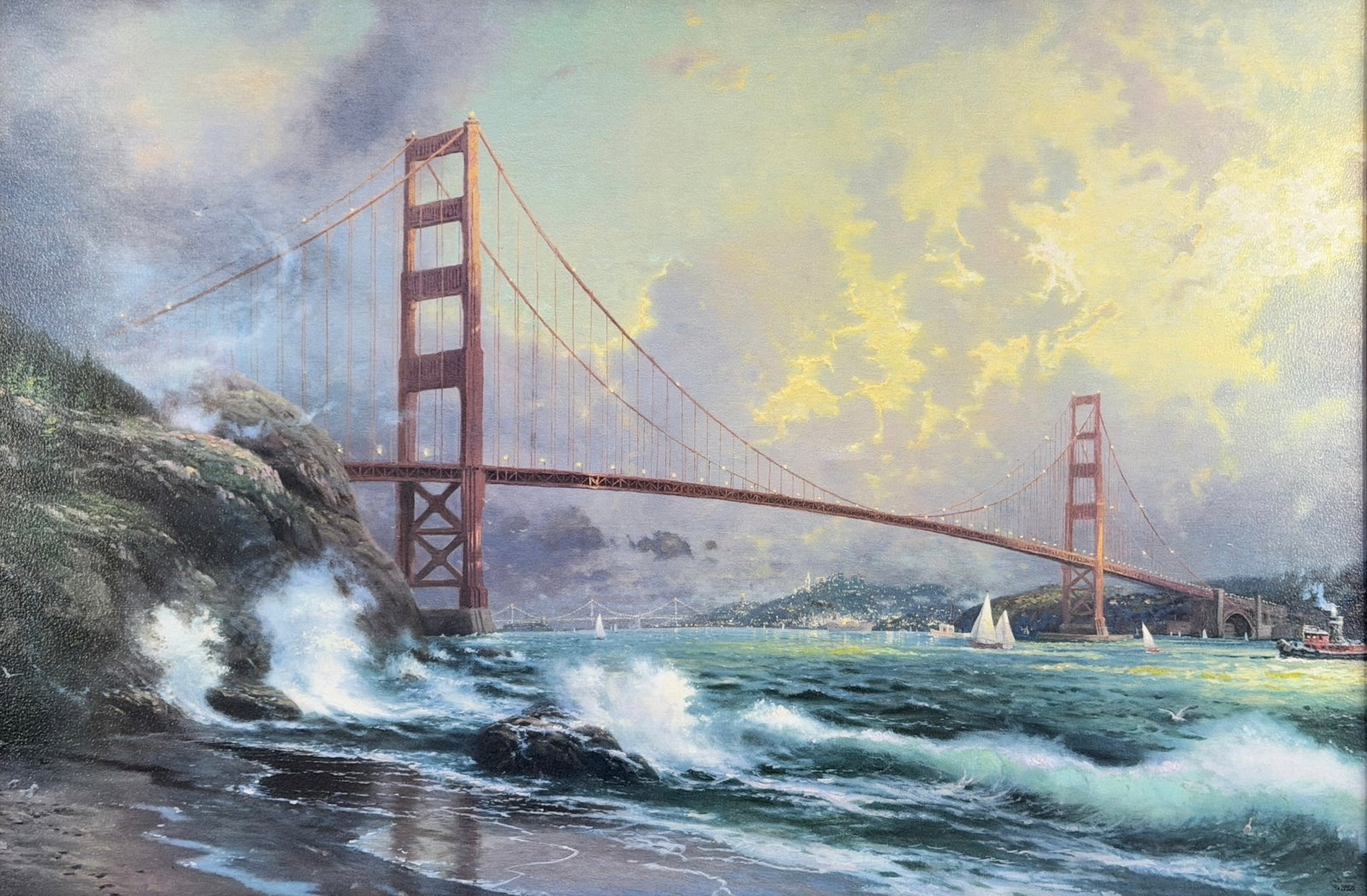 Thomas Kinkade “Golden Gate Bridge, San Fransisco" Print: Signed lower left and numbered lower right. Limited Edition: 796/3950 Image: 23 1/2" x 35 1/2" Frame: 33" x 45" Condition: The print is in good condition. Wear to the frame.