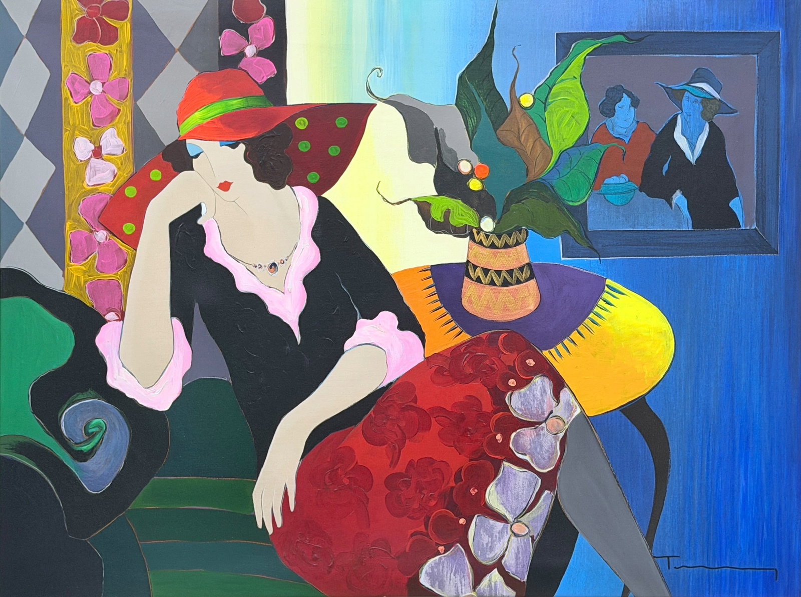 Itzchak Tarkay “Charming Memories" Embellished Serigraph on Canvas: Signed by artist lower right. Date: 2008 Park West COA included. Image: 25" x 33 1/2" Frame: 38" x 46 1/2" Condition: The image and the frame are in good condition.