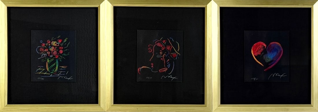 Peter Max “Romance Suite II" Serigraph Tryptich: Signed lower right by the artist and numbered lower left. Limited Edition: 188/300 Certificate of Authenticity included. Image: 5 1/2" x 5" Frame: 12 1/2" x 11 1/2" Condition: The images are in good
