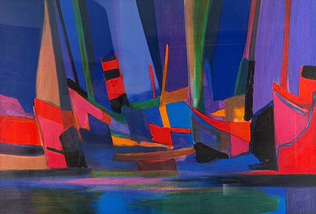 Marcel Mouly “Dans le Port" Lithograph on Paper: Signed lower right and numbered lower left. Limited Edition: 289/300 Certificate of Authenticity included. Image: 21" x 30" Frame: 33" x 42" Condition: The image is in good condition. Minor scratches