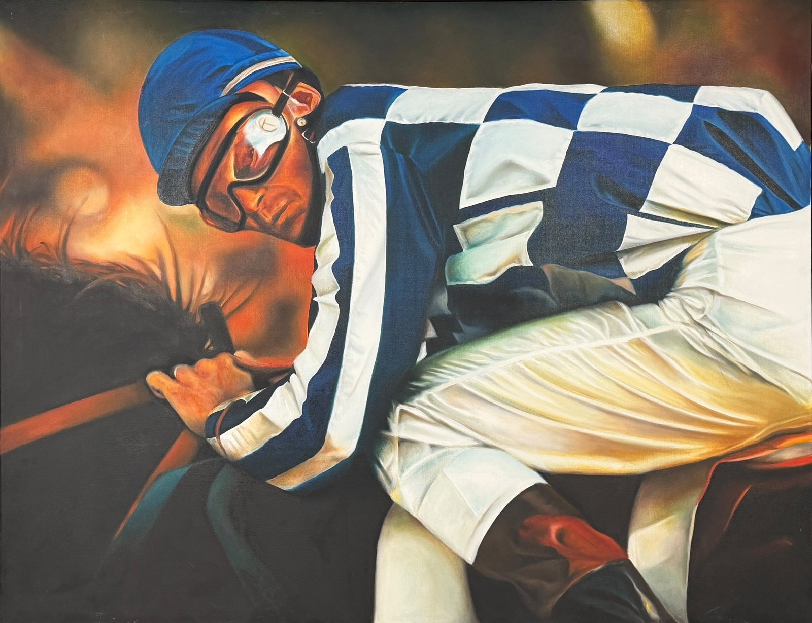Terrence Fogarty “Jockey I?? Oil on Canvas: Signed by the artist lower right. Dimensions: 42" x 54 1/2" Condition: The painting has a mark on the right side. Some fraying to the canvas on the back, and the frame boards are separating from the c