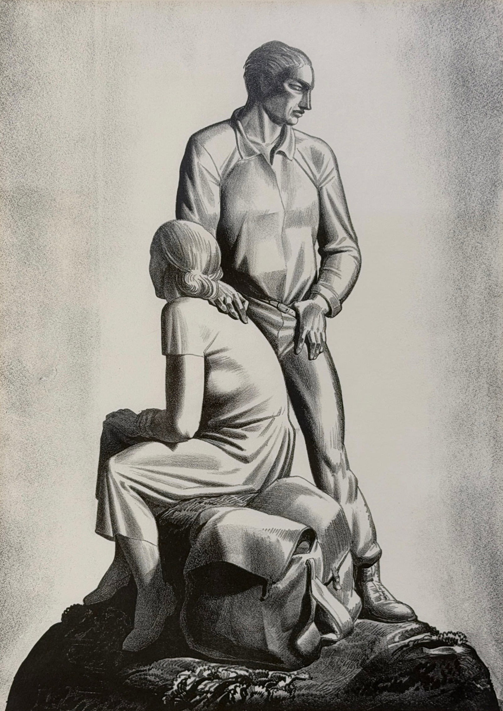 Rockwell Kent “And Now Where?" Lithograph: Date: circa 1936 Image: 13 1/2" x 10" Frame: 22 1/2" x 19" Condition: Toning to the paper; otherwise, the print is in good condition. Minor wear to the frame. Artist Bio: Rockwell Kent (1882–1971)