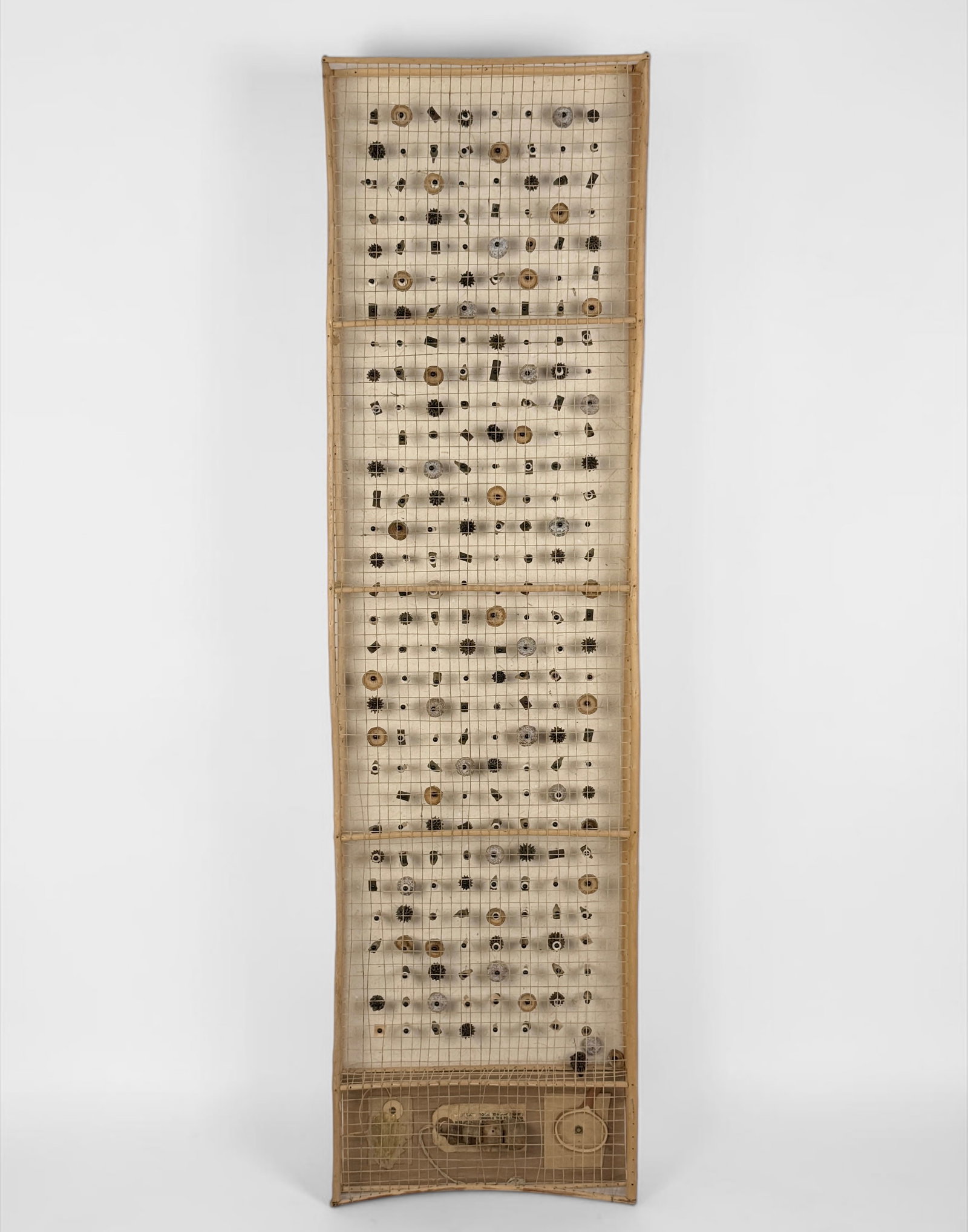 Joseph Shuldiner "Kanban 4: Collected Specimens" Found Object Work: Signed and dated on verso. Date: 2008 Materials: Willow, washi, waxed linen cord, found objects. Dimensions: 36" x 10" x 2" Condition: Some minor tears