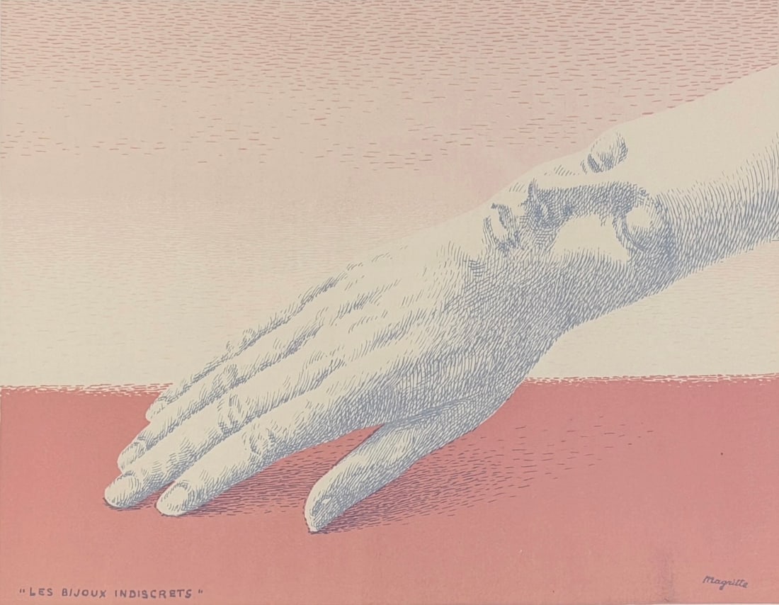 After Rene Magritte “Les Bijoux Indiscrets" Print: We believe this piece to be an after of the original lithograph print first produced in 1963. Image: 9 1/2" x 12 1/2" Frame: 17" x 21" Condition: The print and frame are in good condition.