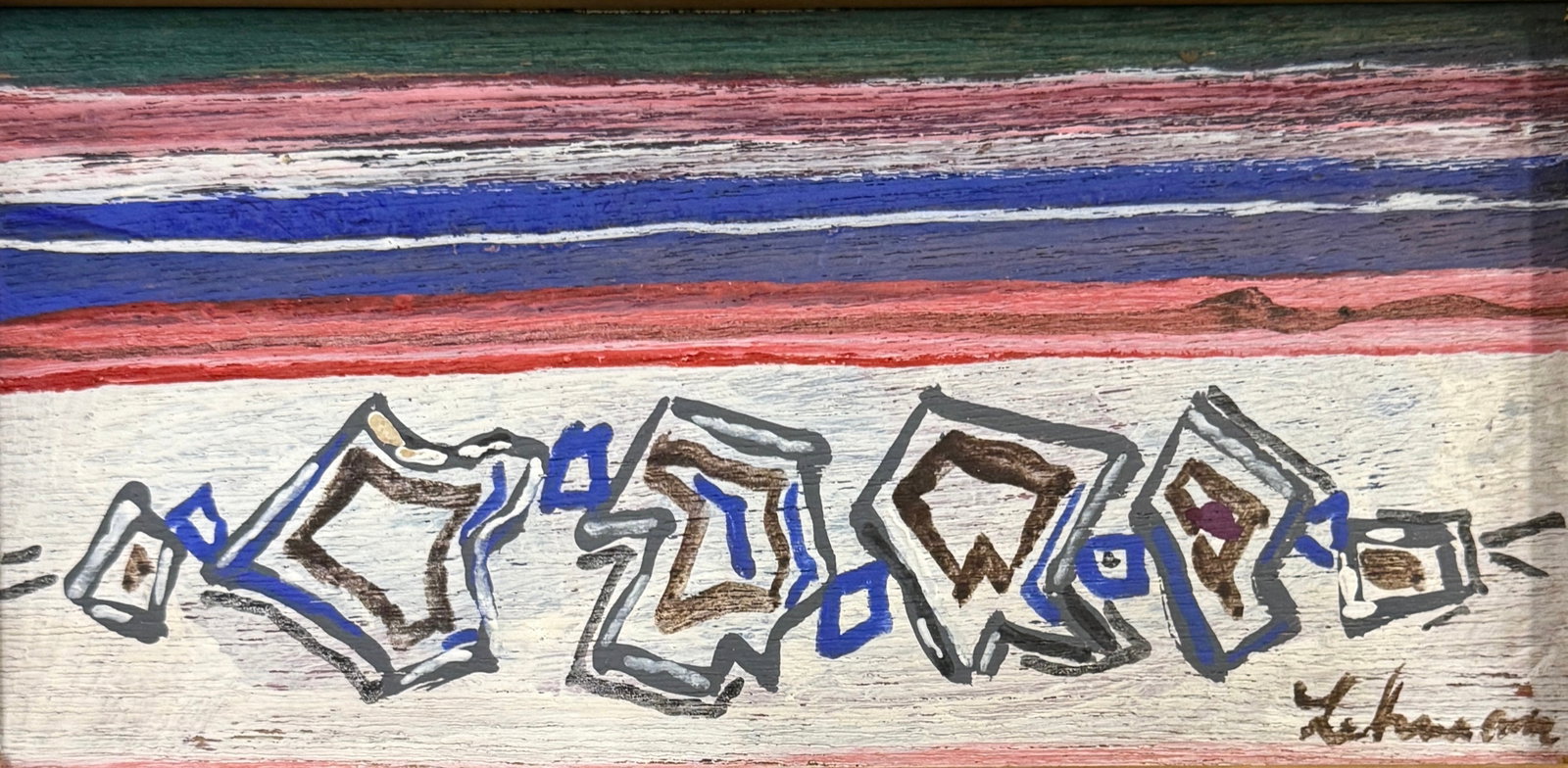 Irving Lehman “Stripes And Forms" Painting on Board: Signed lower right; also signed on reverse. Frame: 5 1/4" × 9 1/2" Image: 4" × 8" Medium: Oil on board Condition: Frame with minor wear consistent with age, image in good condition.