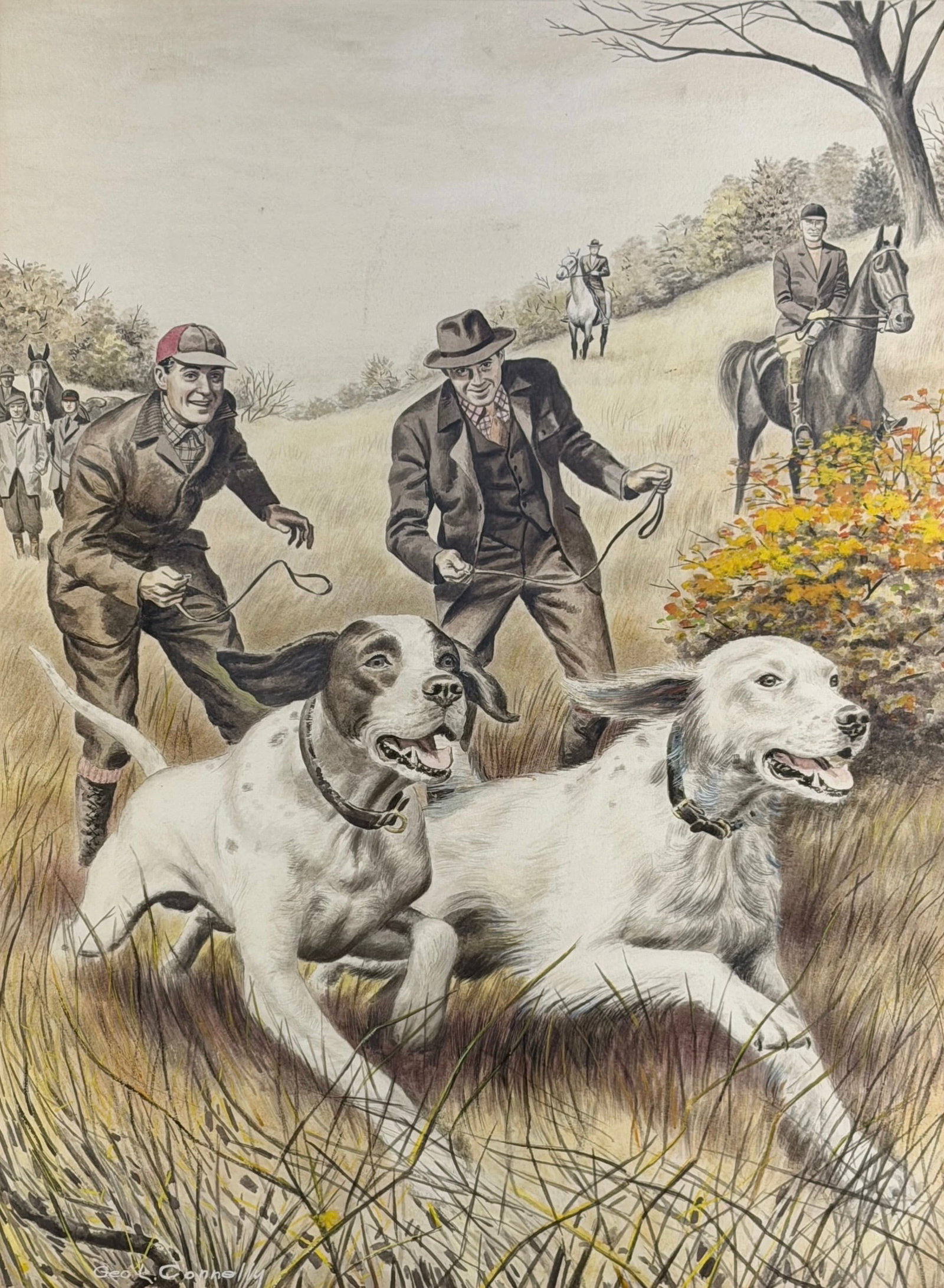 George Connelly “Hunting Dogs" Watercolor on Paper: Signed by the artist lower left. The painting was used as the cover of Sports Afield Magazine in September 1947. Image: 21" x 15" Frame: 27 1/2" x 21 1/4" Condition: Toning to the painting and
