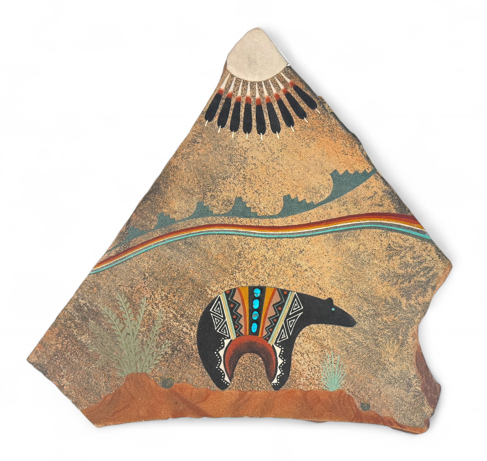 Nelson Lewis “Bear" Sand Art on Stone Slab: Turquoise stones and natural sand, tape residue on the back. Size: 18" x 19" Condition: very good, no chips or cracks