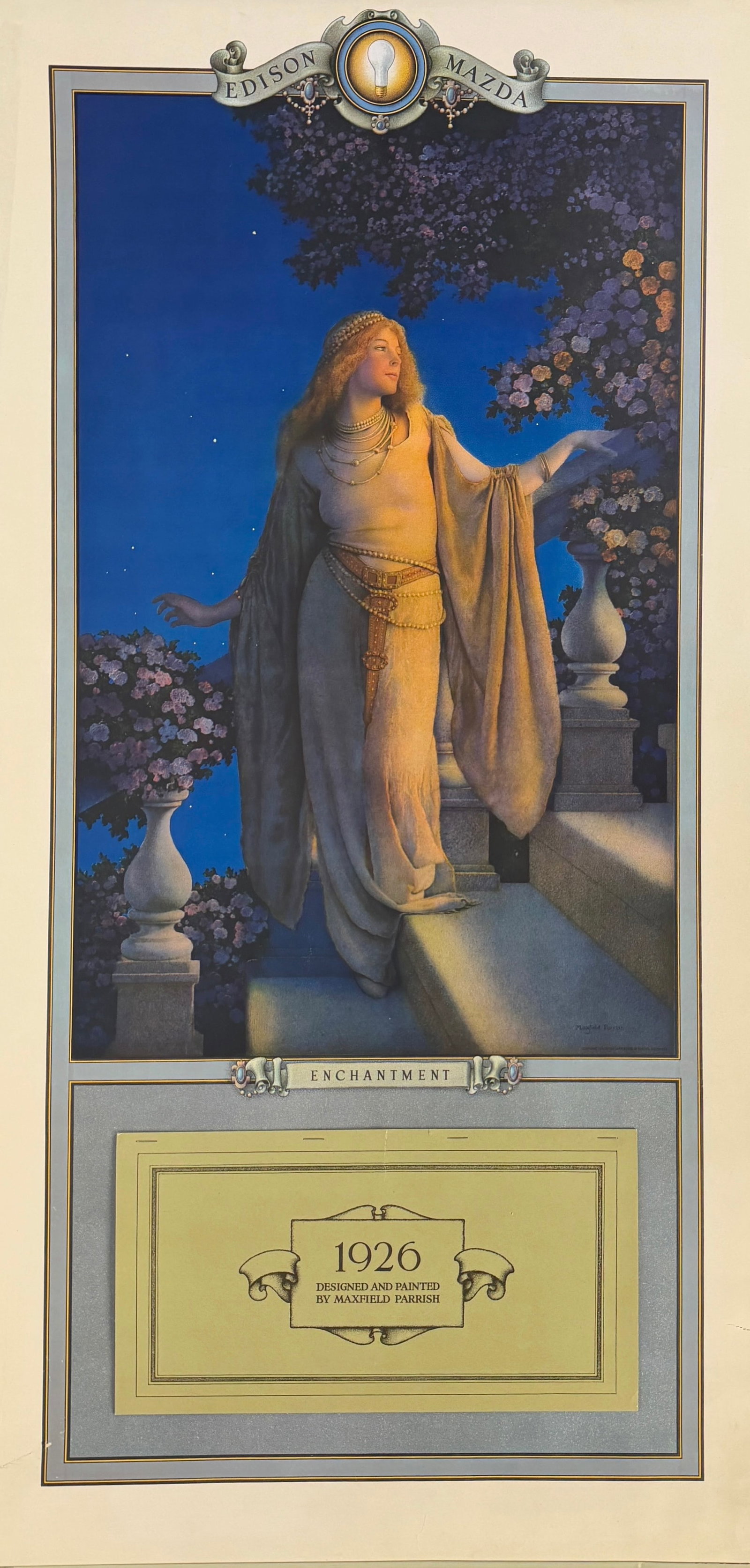 Maxfield Parrish “Enchantment" Edison Mazda Art Calendar: Dimensions: 38" x 18 1/2" Condition: Toning throughout. Minor tear in the lower left corner that has been repaired. The metal element is bent in the top left corner.