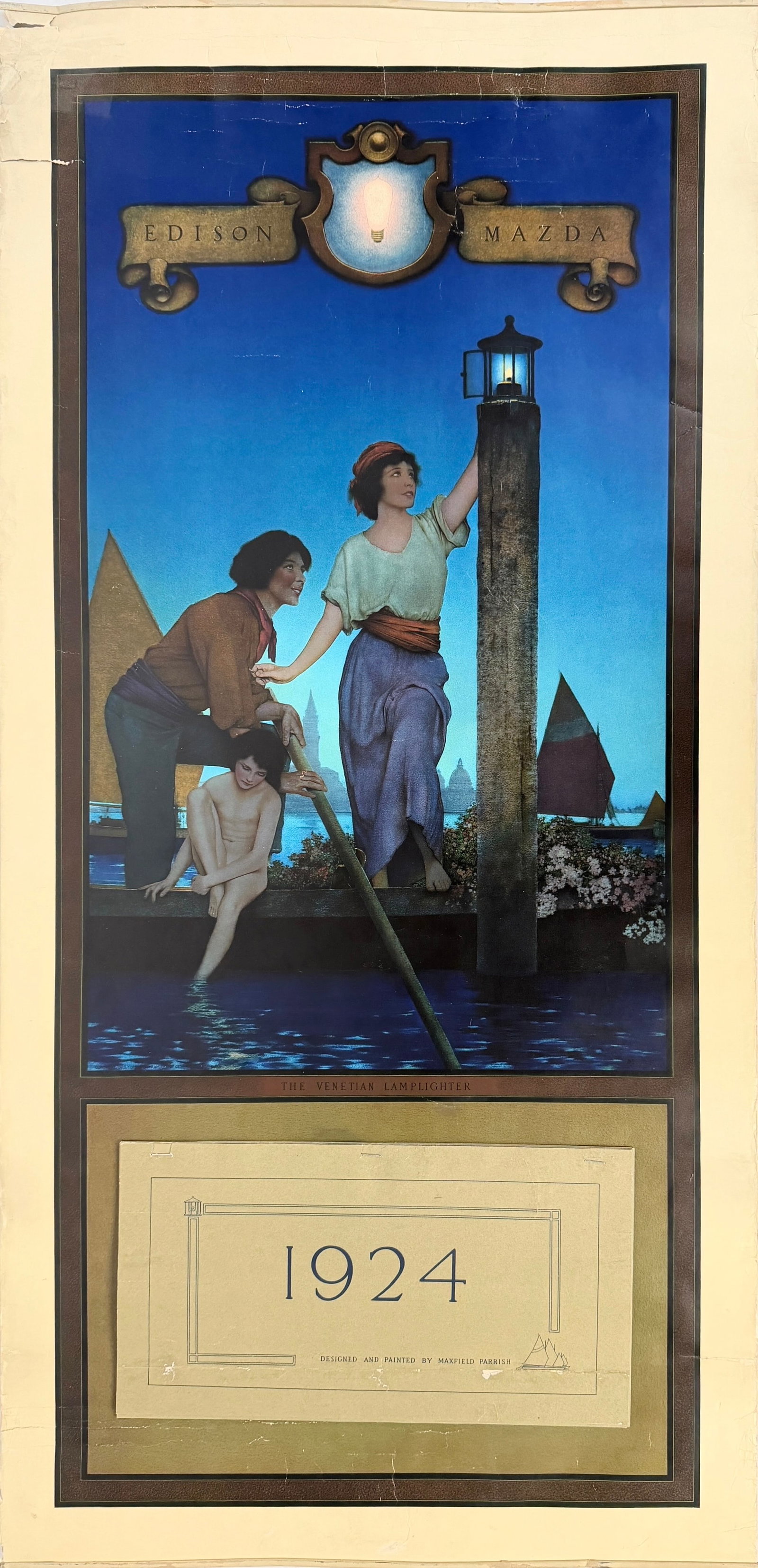 1924 Maxfield Parrish “The Venetian Lamplighter" Edison Mazda Calendar: Dimensions: 38" x 18 1/2" Condition: The metal element at the top is bent. Small tears and toning throughout. The right corner of the calendar is not attached to the print.