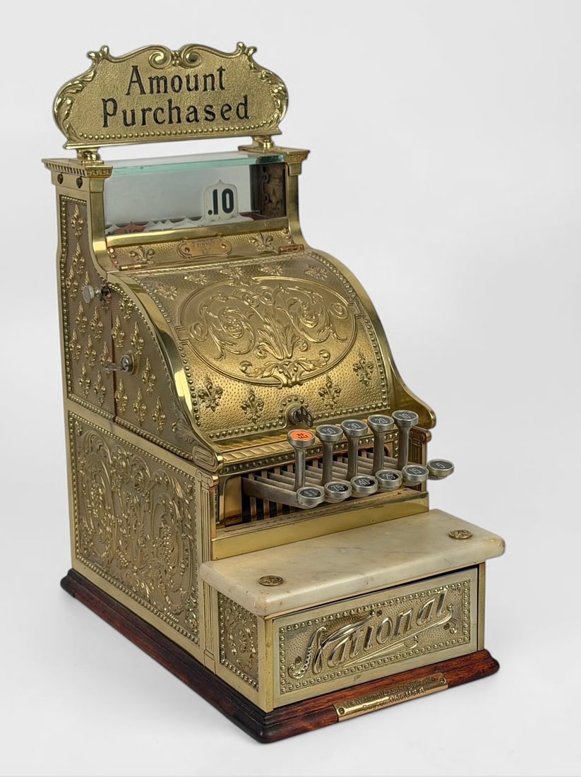 Vintage National Cash Register Model 313: Dimensions: 21" x 9" x 15" Condition: Overall, in good condition with minor wear from age. All cash buttons are in working order. 