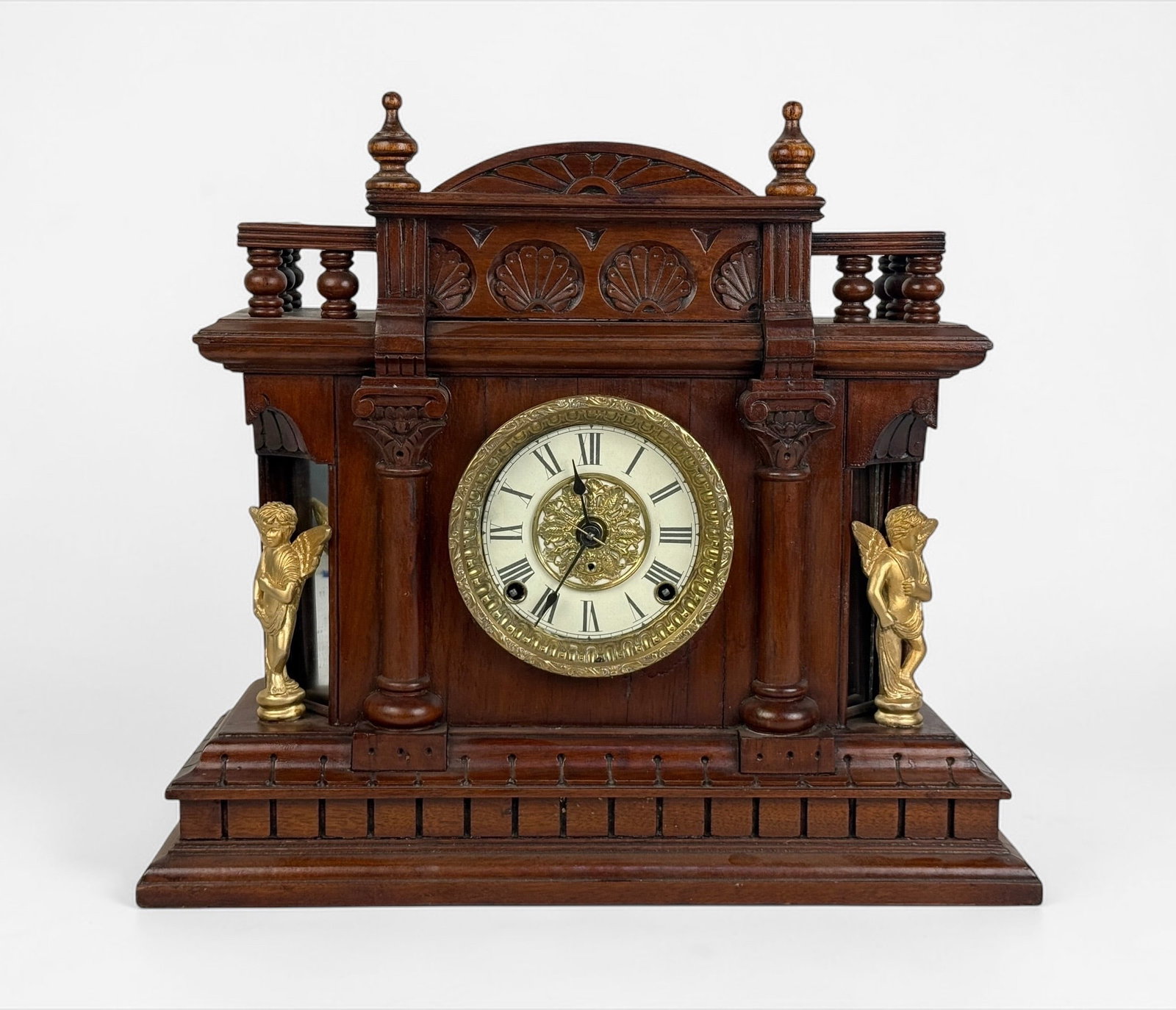 Kroeber “Cabinet No. 59" Mantel Clock: Dimensions: 16" x 18" x 6" Condition: Minor wear to the face. The back panel is warped, and some minor repairs have been done to the wood. Not tested for time keeping.