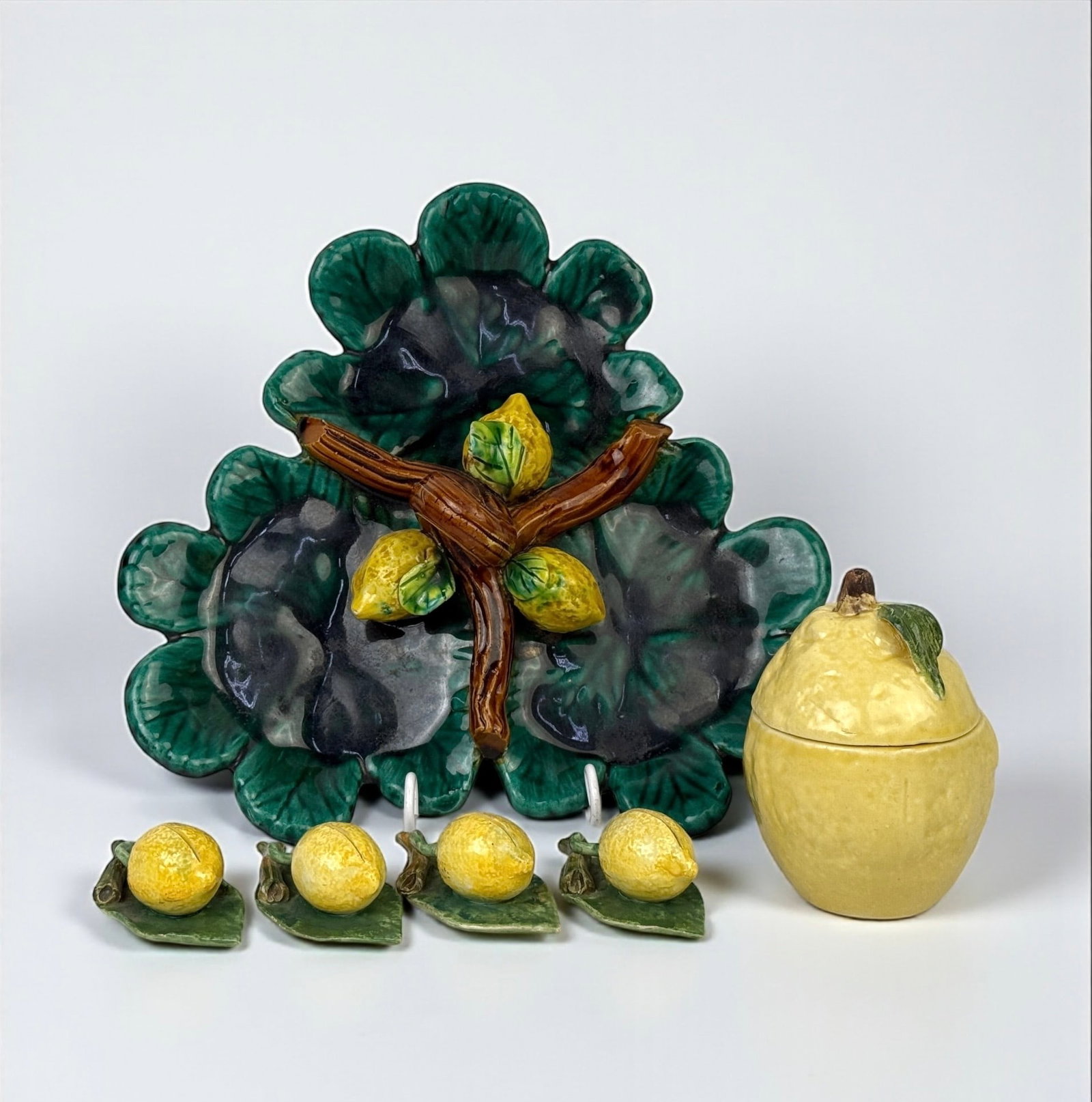 Group of (6) Lemon Motif Majolica Pieces: Serving Tray: 10 1/2" x 9 1/2" Condition: Very good with no chips or cracks.