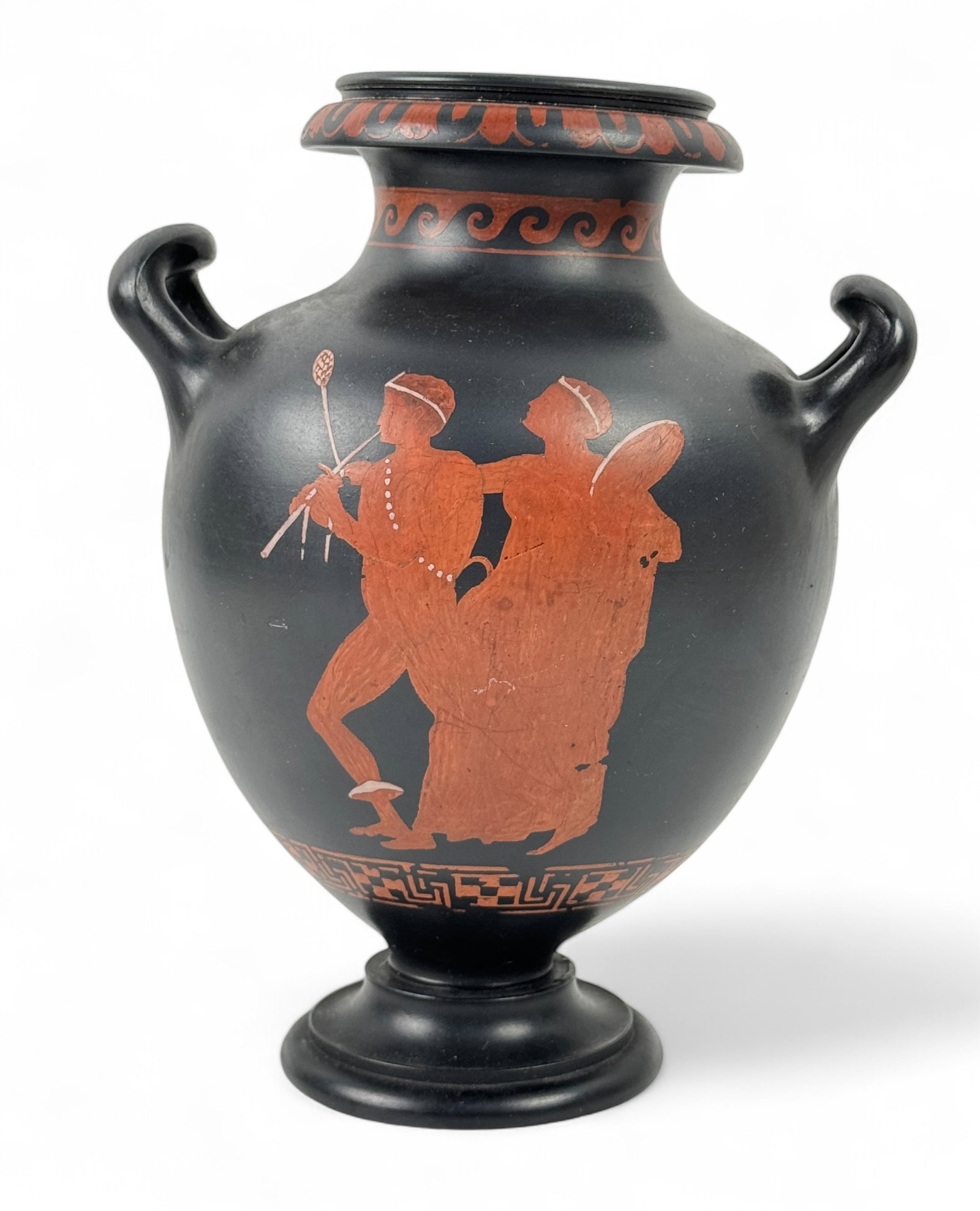 Attributed to Wedgwood Red-Figure Amphora Replica: Height: 8 3/4" Condition: Minor loss of paint, sits slightly crooked.