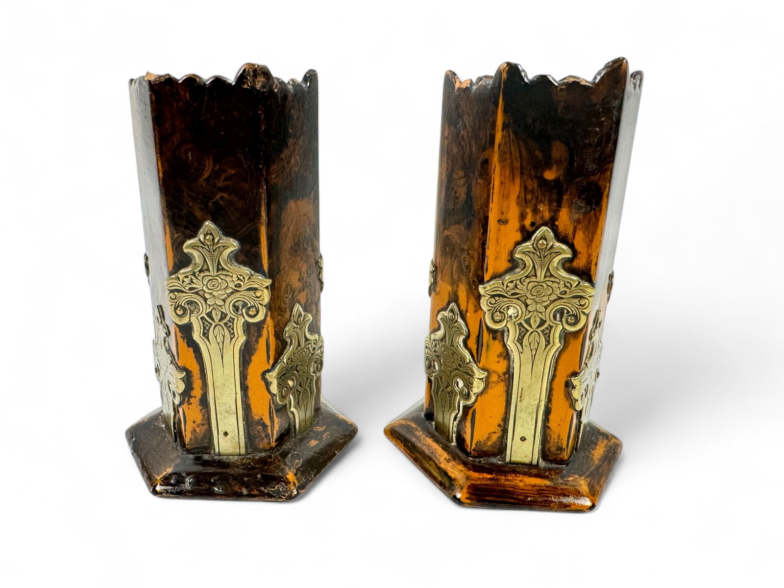 (2) English Paper Mache & Brass Spill Vases C.1850 (1 of 6)