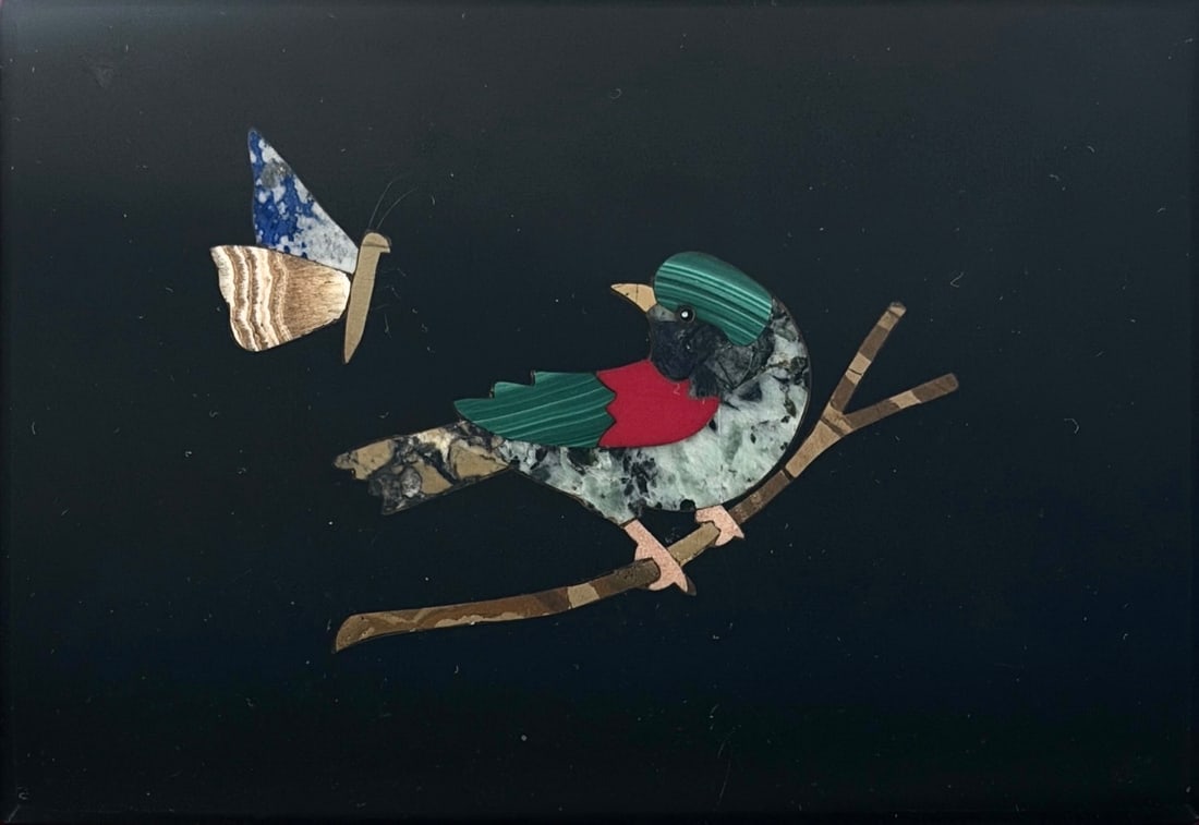Vintage Italian Pietre Dura Bird Plaque: Plaque: 2 3/4" x 4" Frame: 8" x 9" Condition: The mosaic and frame is in good condition. 