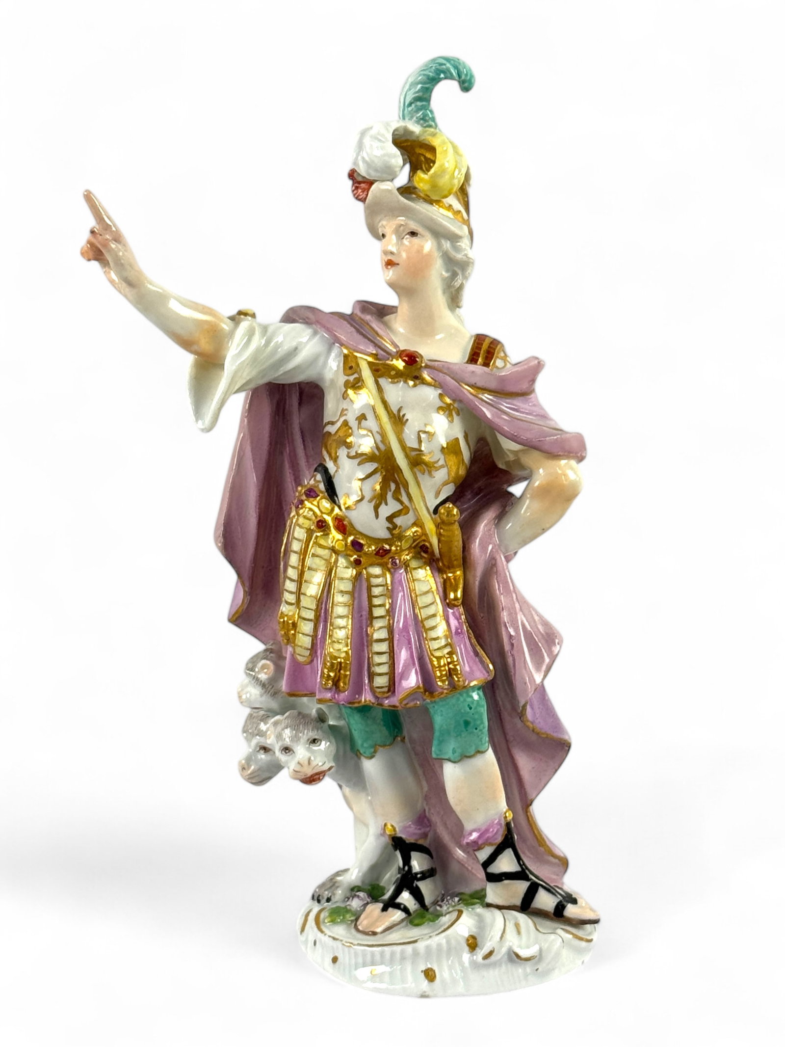 Meissen “Alexander The Great" Porcelain Figure: Meissen crossed swords mark on bottom but very faint. Height: 9" Condition: Piece is in very good condition aside from a small repair on the pointing finger.