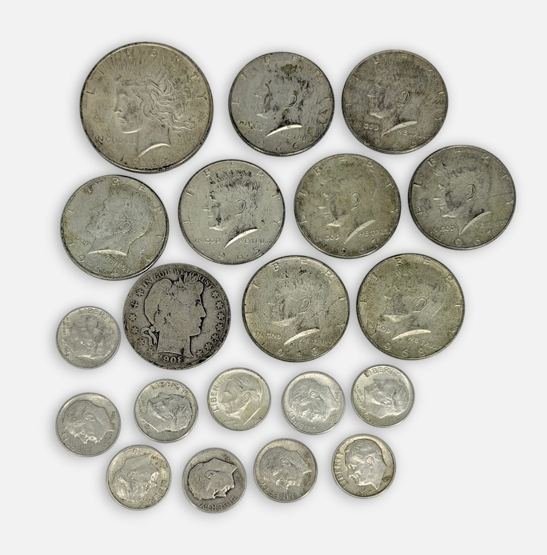 (20) Assorted U.S. Silver Coins: Lot Includes: (1) 1908 Barber 1/2 dollar and (1) 1922 Peace Dollar, plus a 1964 Kennedy half dollar, (7) 1965-69 Kennedy half dollars, plus (10) Pre-1965 Eisenhower dimes. Condition: All
