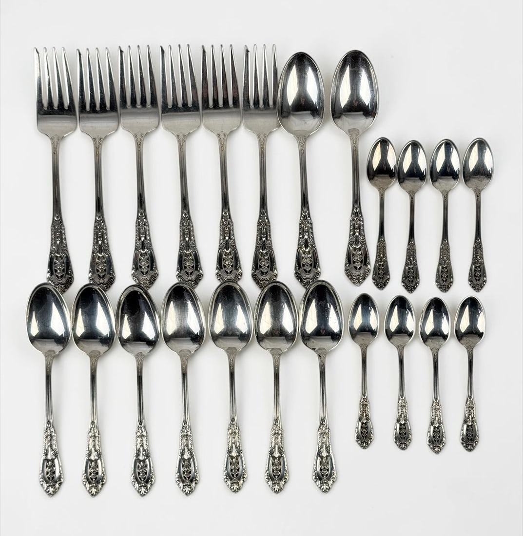 (23pc) Wallace Rose Point Sterling Flatware Set: 6 Forks (6 1/2" Long) 9 Spoons (6 " Long) 8 Demitasse Spoons (4" Long) Total Weight: 15.24ozt Condition: The set is in good condition. No monograms. &nbs