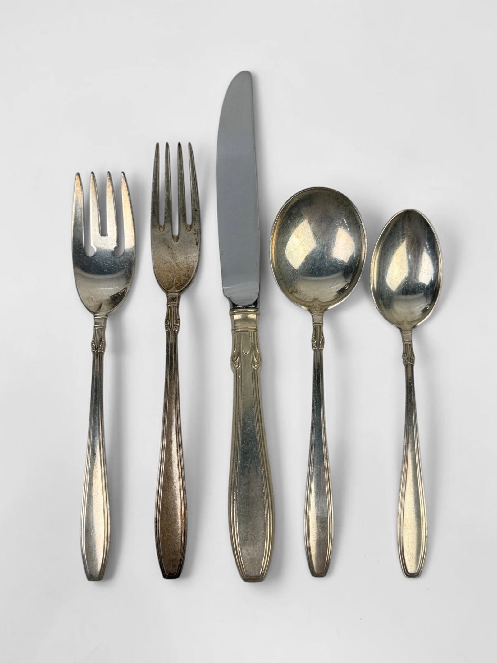 (57pc) Gorham Sterling Flatware Set: 8 Dinner Knives (9" Long) 7 Butter Knives (6" Long) 8 Dinner Forks (7 1/2" Long) 8 Salad Forks (7" Long) 15 Spoons (6" Long) 10 Spoup Spoons
