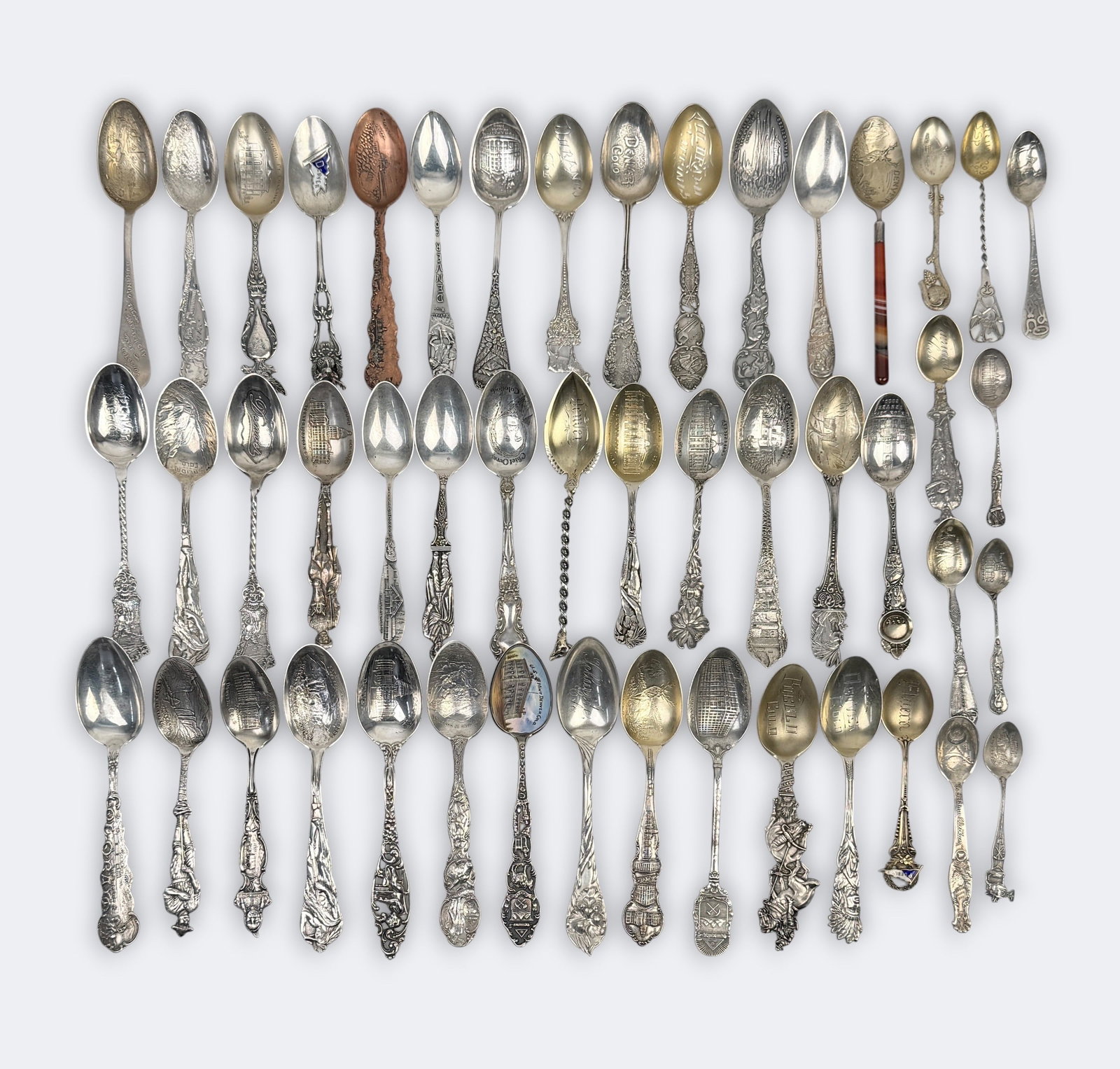 Sterling Silver Colorado State Collectible Spoons: Length: approx. 6" with various sizes Total Weight: 30.3ozt Condition: Minor tarnishing and surface scratches throughout. Some pieces are monogrammed.