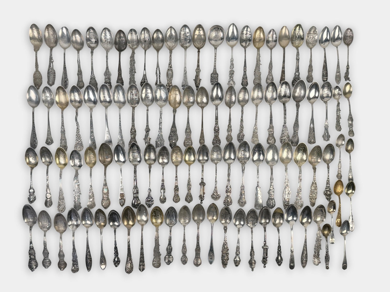 Sterling Silver Illinois State Collectible Spoons: Length: approx. 6" with various sizes Total Weight: 65.6ozt Condition: Minor tarnishing and surface scratches throughout. Some pieces are monogrammed.