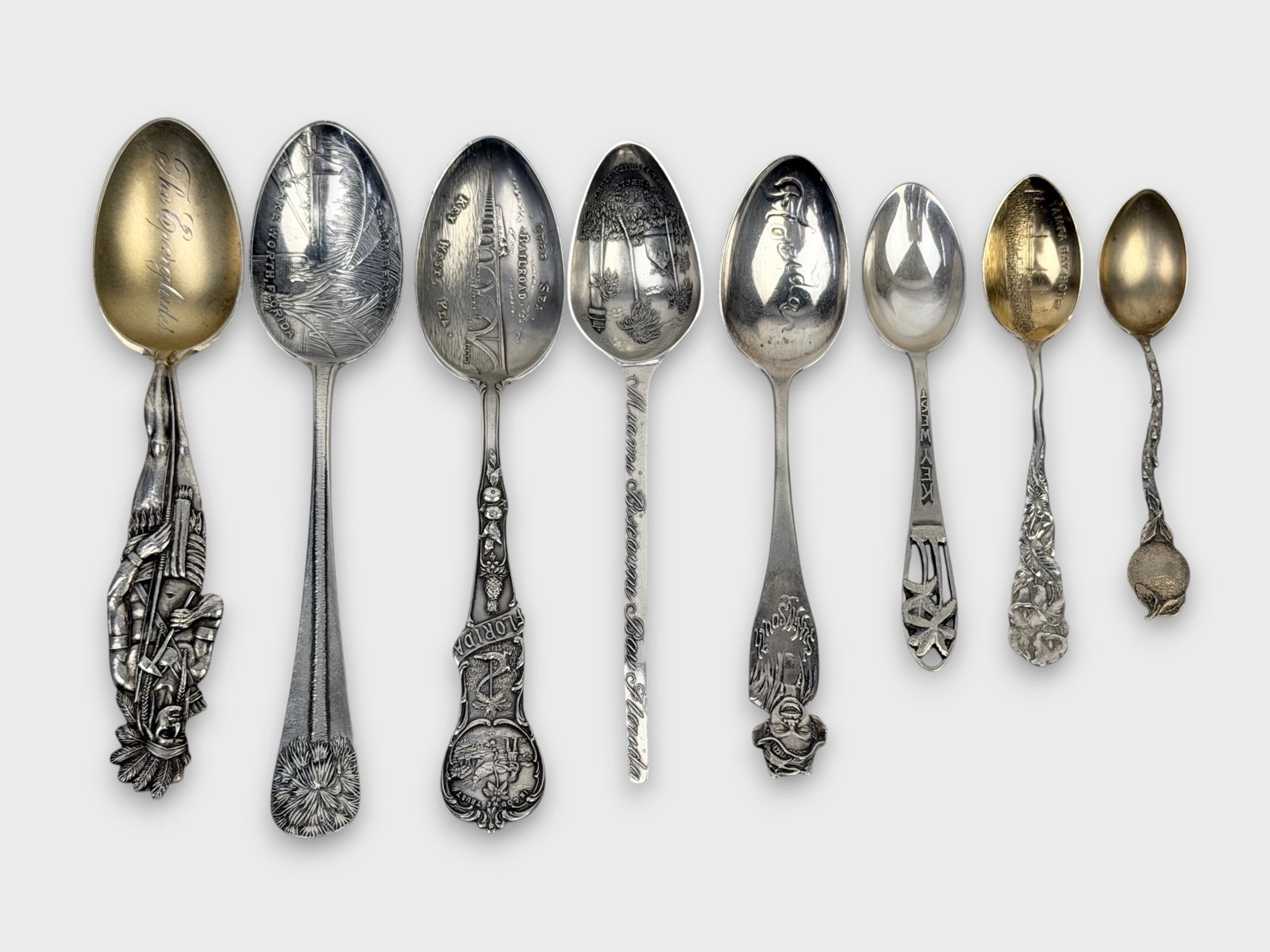 Sterling Silver Florida State Collectible Spoons: Length: Approx. 6" long with various sizes Total Weight: 5.2ozt Condition: Minor tarnishing and surface scratches throughout. One spoon is monogrammed. 