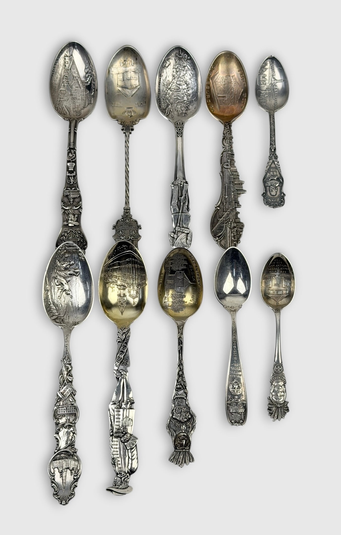 Sterling Silver Pennsylvania Collectible State Spoons: Length: Approx. 6" long with various sizes Total Weight: 7.3ozt Condition: Minor tarnishing and surface scratches throughout. 