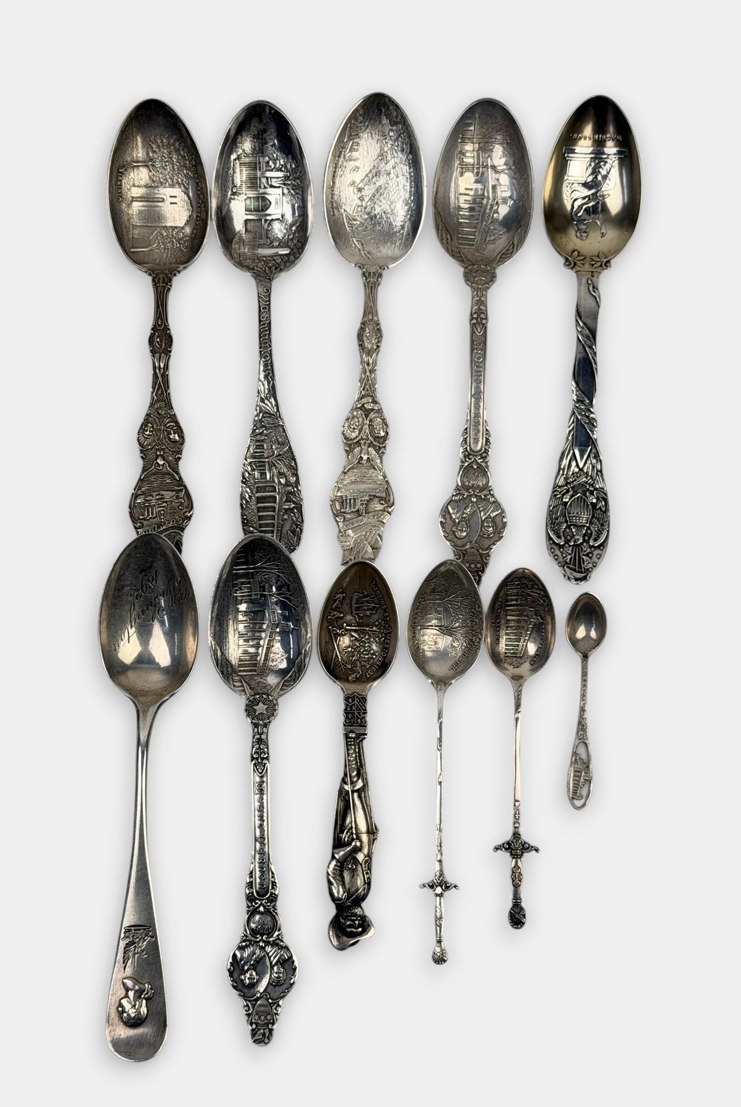 Sterling Silver Virginia Collectible State Spoons: Length: Approx. 6" long with various sizes Total Weight: 7.7ozt Condition: Minor tarnishing and surface scratches throughout. One piece is monogrammed. 