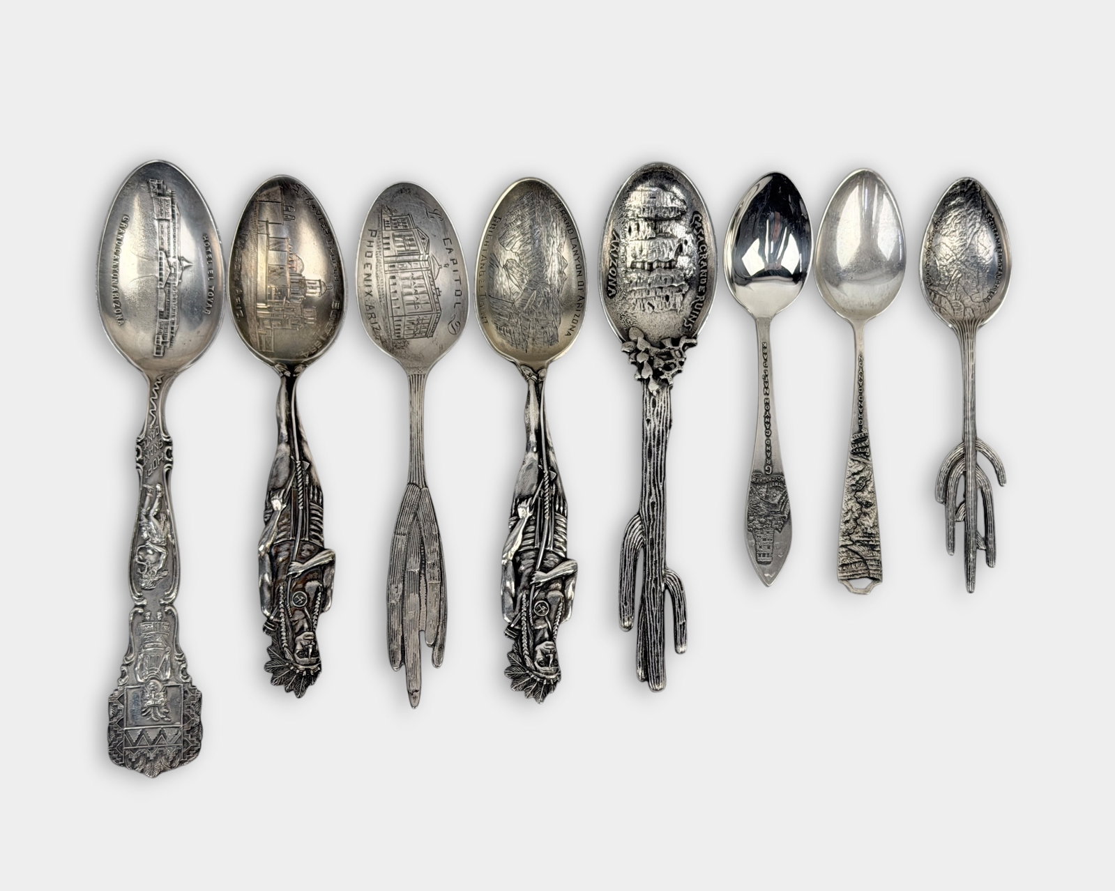 Sterling Silver Arizona Collectible State Spoons: Length: Approx. 6" long with various sizes. Total Weight: 5.3ozt Condition: Minor tarnishing and surface scratches throughout. One piece is monogrammed. 