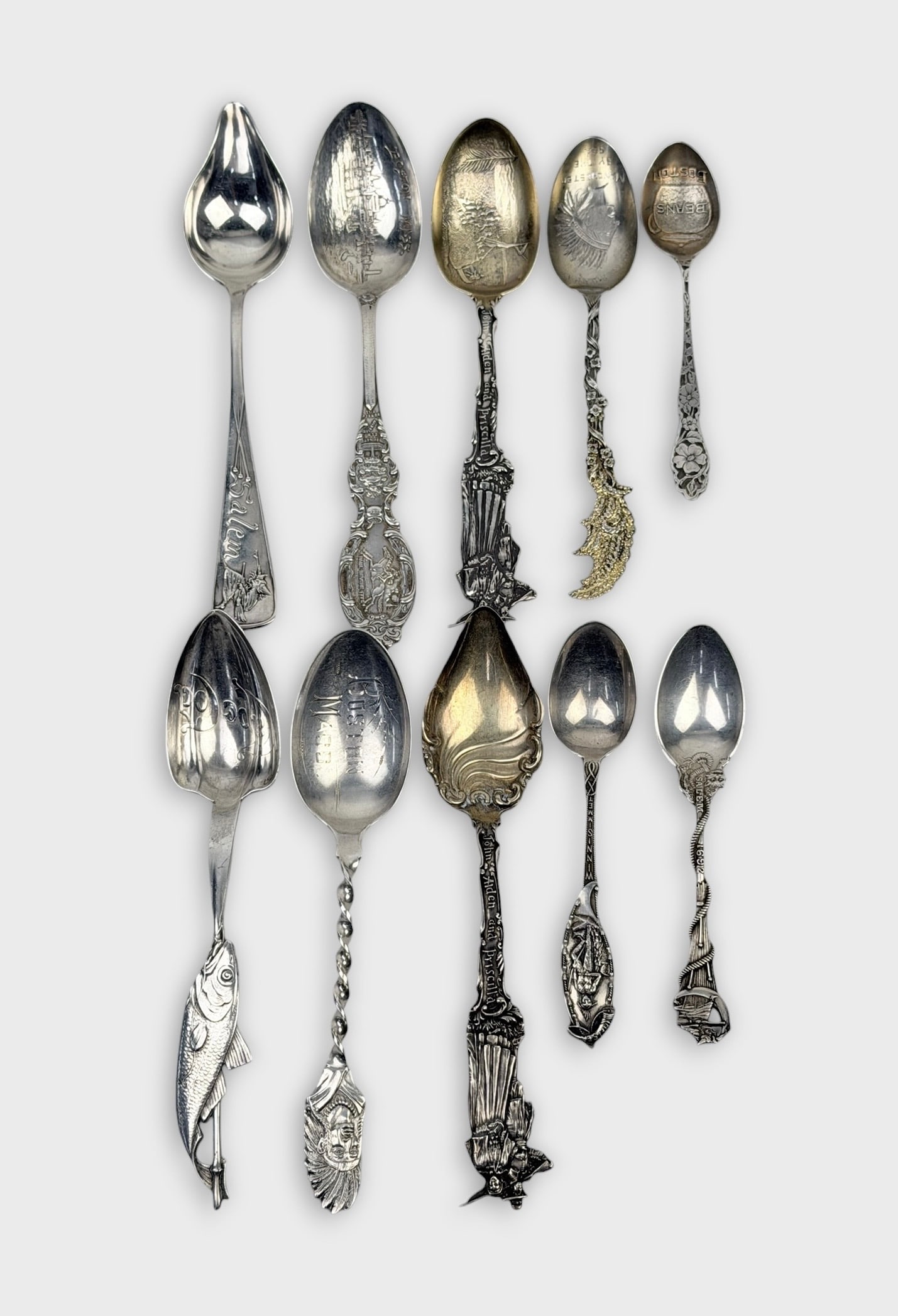 Sterling Silver Massachusetts State Collectible Spoons: Length: Approx. 6" long with various sizes Total Weight: 6.1ozt Condition: Minor tarnishing and surface scratches throughout. Some pieces are monogrammed. 
