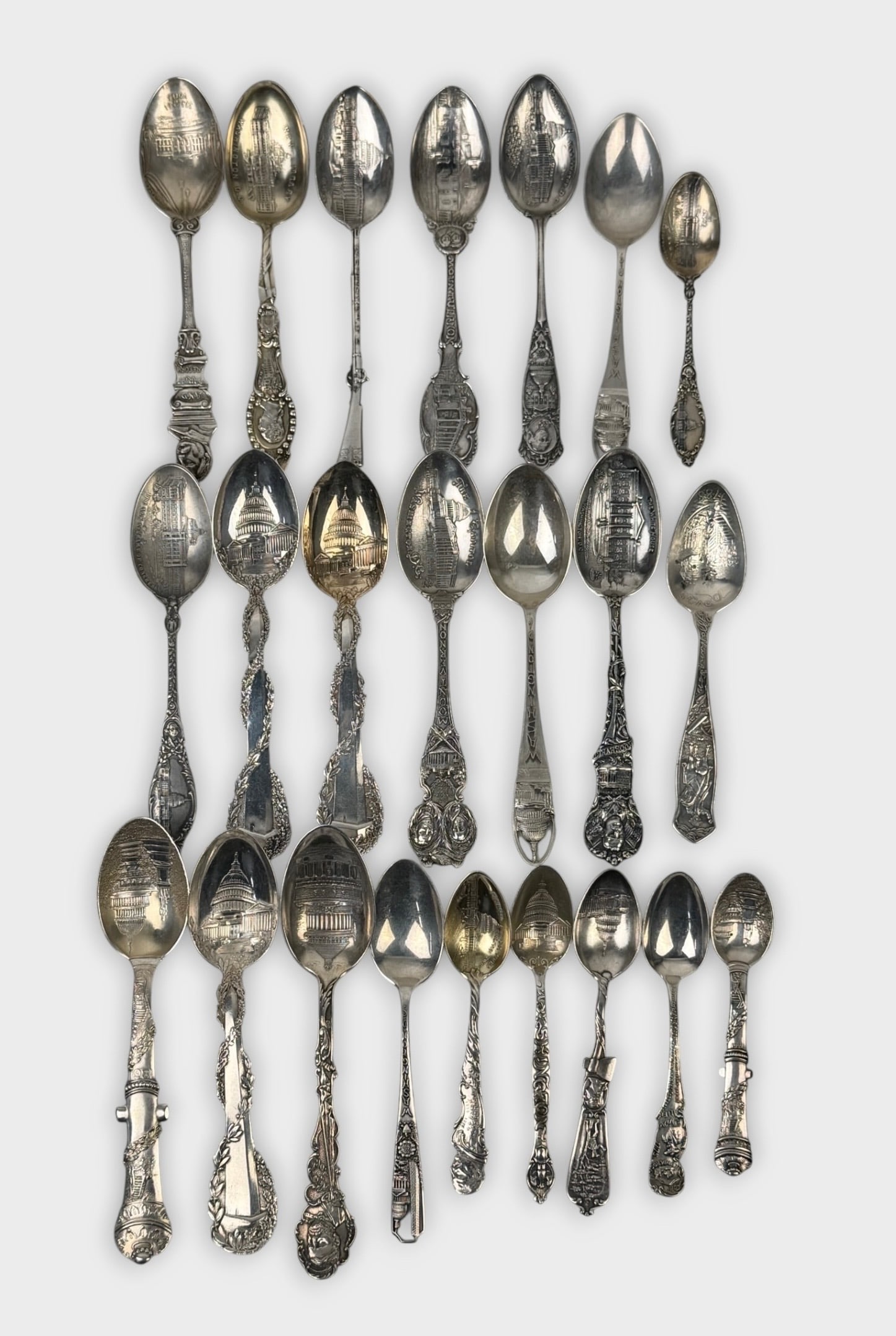 Sterling Silver Washington DC Collectible Spoons: Length: Approx. 6" long with various sizes. Total Weight: 15.8ozt Condition: Minor tarnishing and surface scratches throughout. Some pieces are monogrammed.