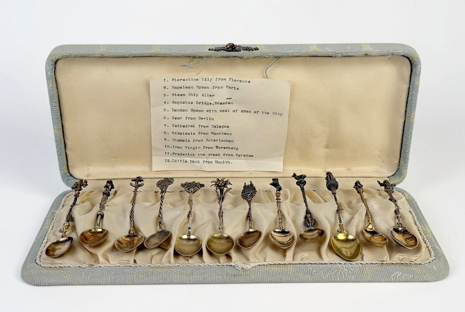 Vintage Set of European Collectible Silver Spoons: Length: Longest Spoon 5 3/4" Condition: Set comes in original collectors' box with a list of the collectible spoons. Minor tarnishing throughout with minor loss of gold finish.
