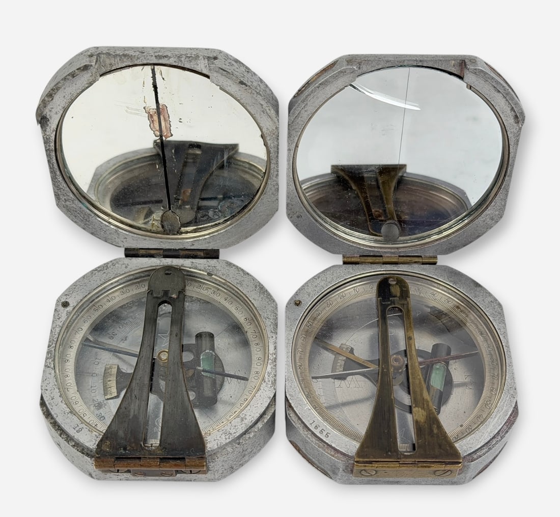 (2) D.W. Brunton Paten Pocket Transit Compasses: Dimensions: 3" x 3" x 1" Condition: Wear throughout, consistent with age. Not tested for accuracy. 