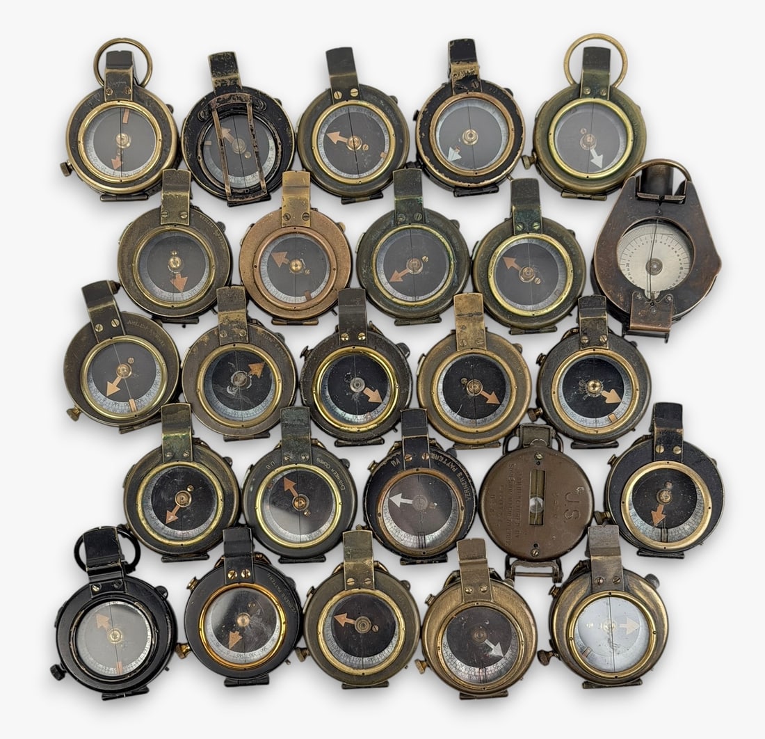 Group of (25) WWI Military Compasses (B): Size: 2" Diameter Condition: Mixed condition throughout with wear, tarnish, scratches, and scattered oxidation from age and use. Working but untested for accuracy. Please refer to the
