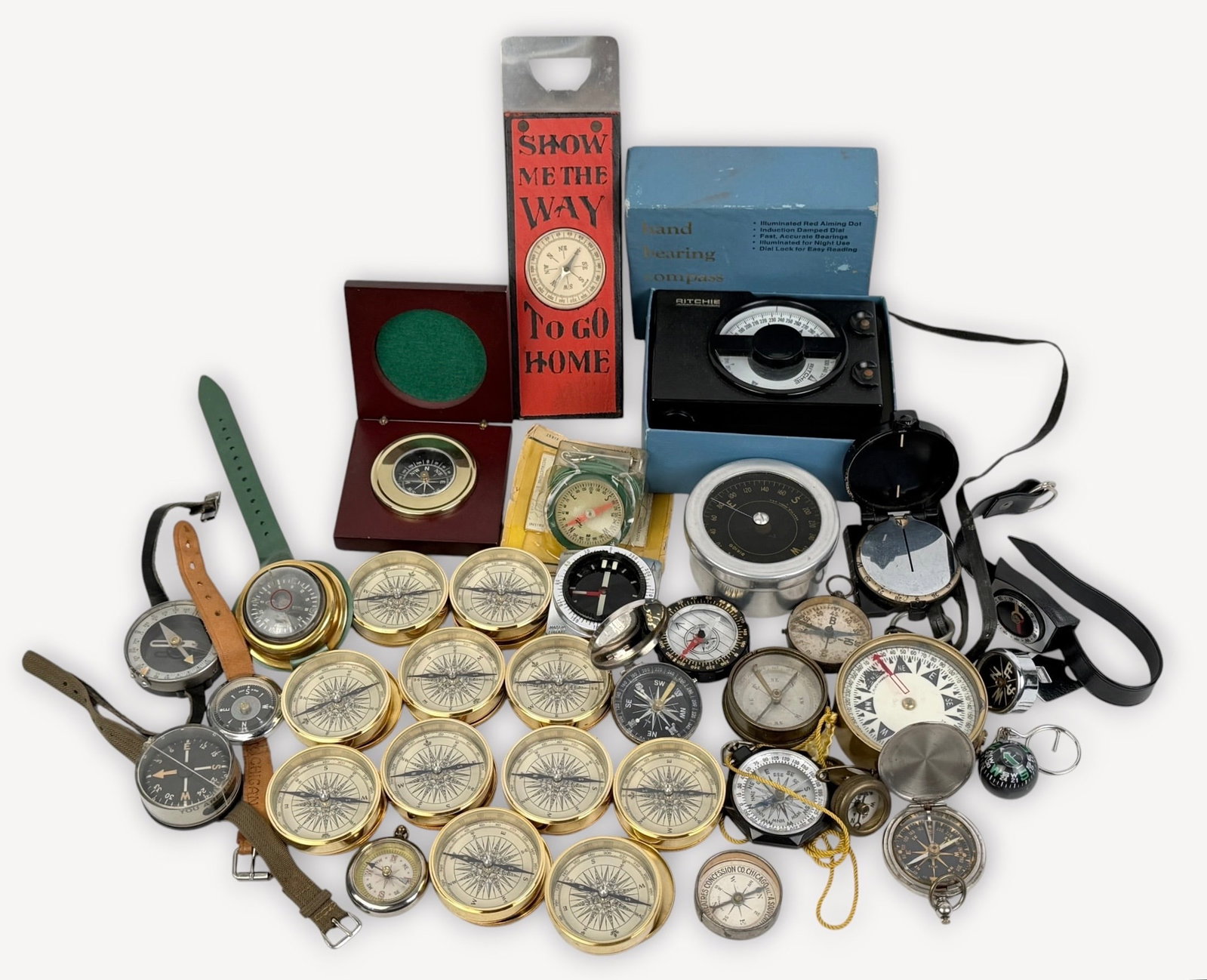 Group of (35) Various Compasses (Q): Size: 2" Diameter Condition: Mixed condition throughout with wear, tarnish, scratches, and scattered oxidation from age and use. Working but untested for accuracy. Please refer to the phot