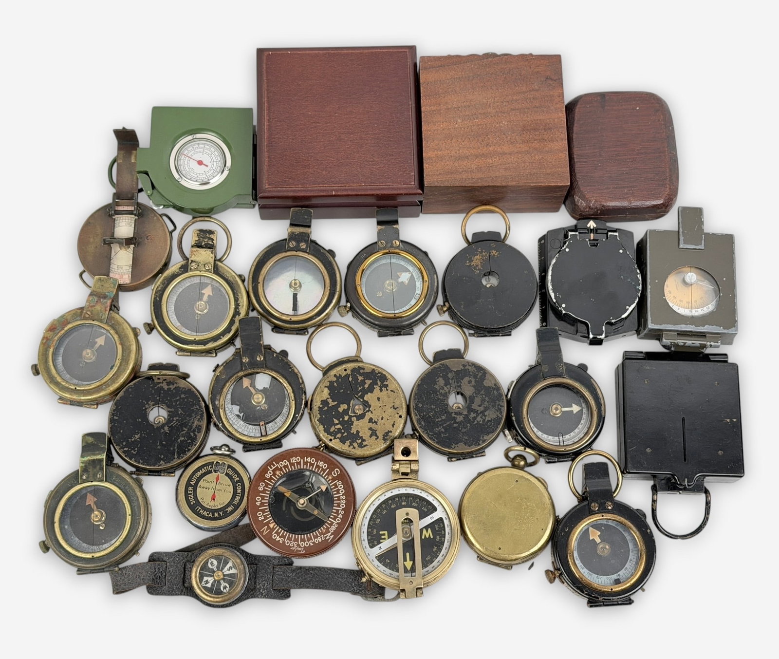 Group of (25) WWI Military Compasses (S): Size: 2" Diameter Condition: Mixed condition throughout with wear, tarnish, scratches, and scattered oxidation from age and use. Working but untested for accuracy. Please refer to the phot
