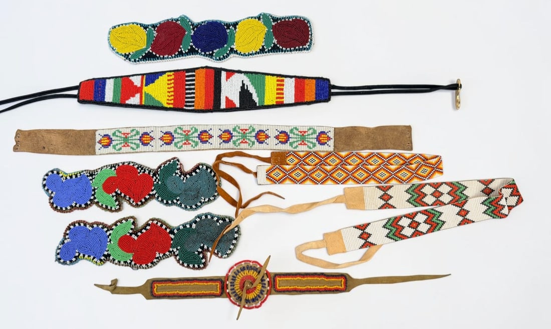 (8) Pieces of Native American Beadwork: Longest Piece: about 36" Condition: Wear to the pieces of hide. The beadwork has light wear, but overall is in good condition. Please see images for details. 