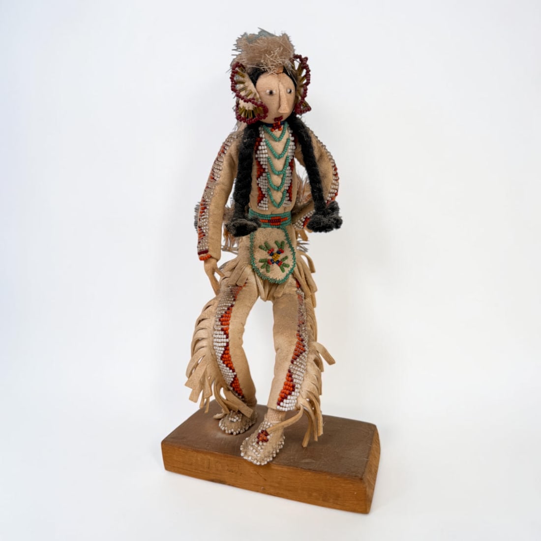 Vintage Plains Native American Buckskin Dancer Doll: Not signed. Dimensions: 4 1/2" Wide x 9 1/2" Tall Condition: Age and wear to the doll throughout. The beadwork appears to be in good condition. Please see images fo