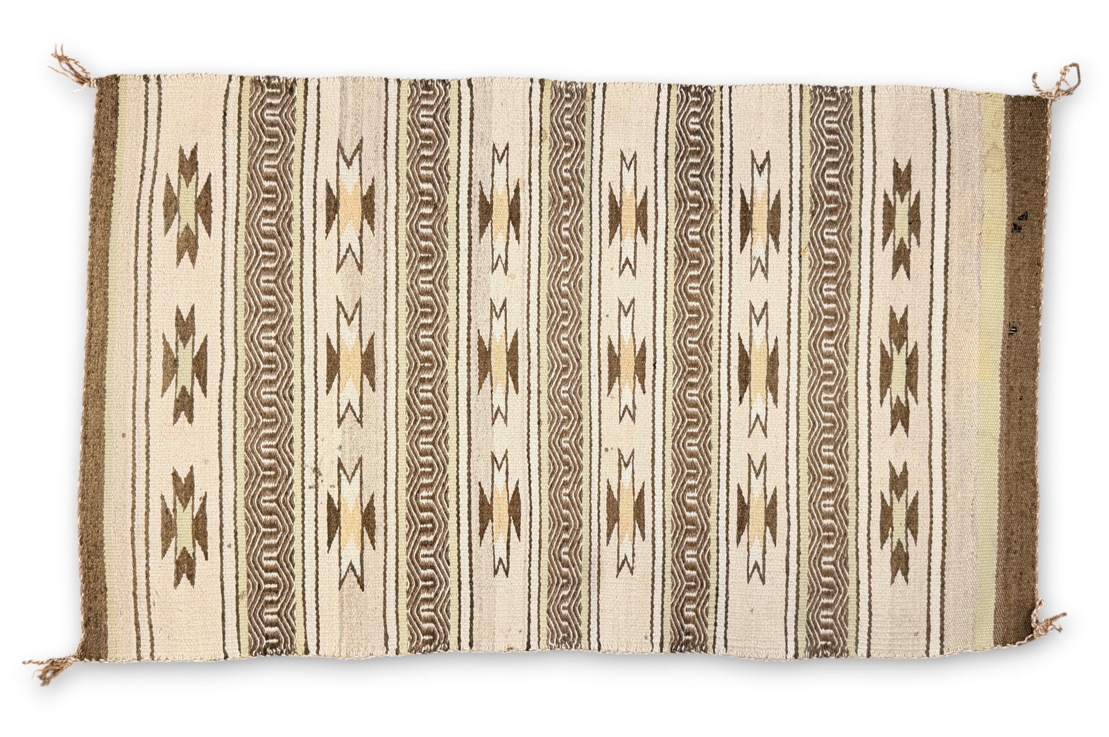 Navajo Banded Stepped Diamond Wool Rug: Horizontal banded rows with alternating geometric motifs, zig zags, and stylized elements. Dimensions: 30" Wide x 49" Tall Condition: One side has major fading to
