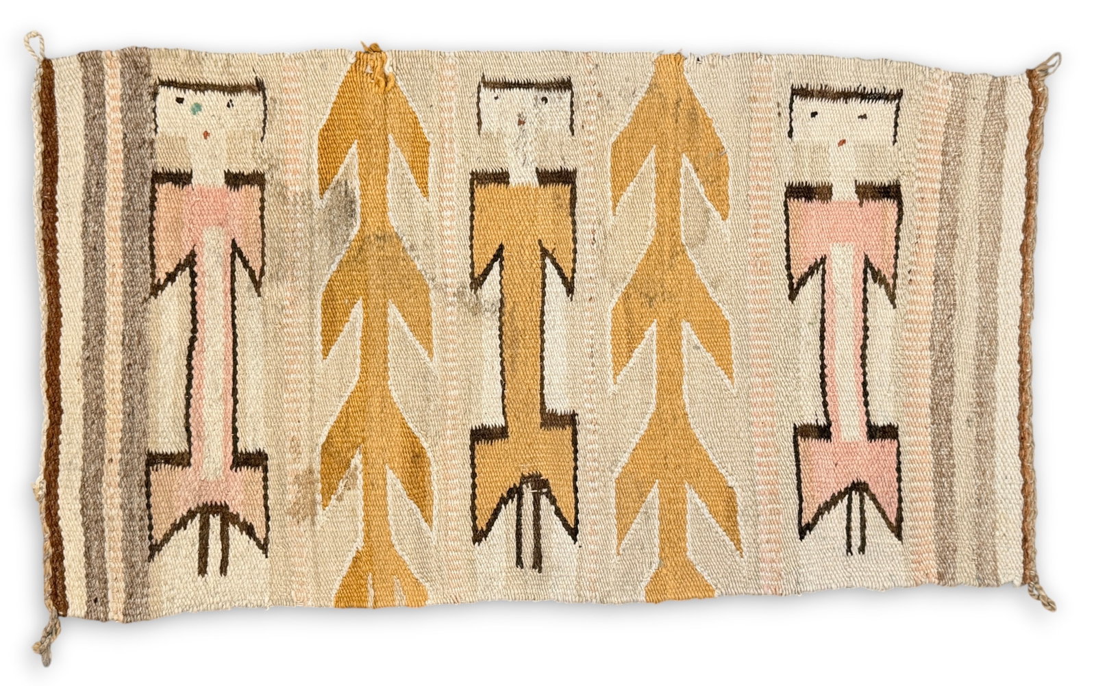 Navajo Yei Figural Gallup Throw Rug: Features geometric designs and figures in neutral and yellow colored wool. Dimensions: 19" Wide x 34" Long Condition: Staining throughout the rug. Colors are faded 