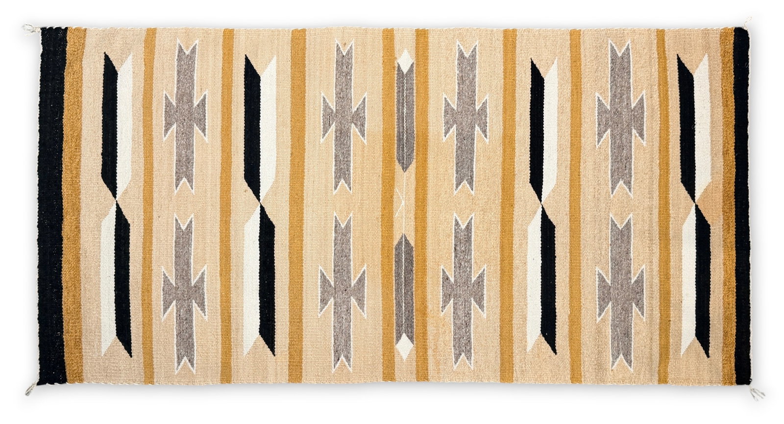 Navajo Gold & Black Banded Rug: Bold vertical bands of gold, tan and black framing columns of stepped cross motifs in grey and ivory, with solid black end panels. Dimensions: 29 1/2" Wide x 65" Long 