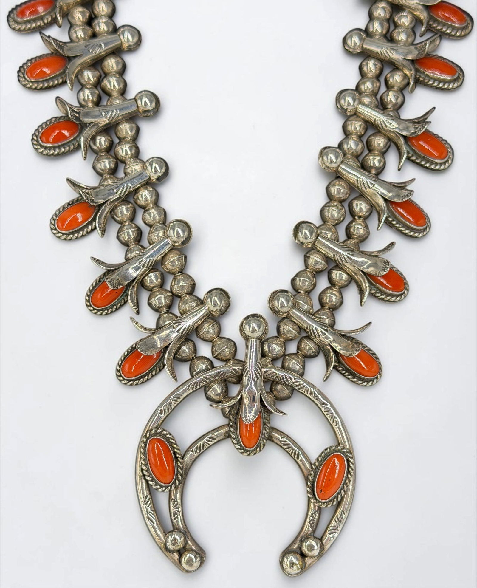 Navajo Silver & Coral Squash Blossom Necklace (1 of 5)