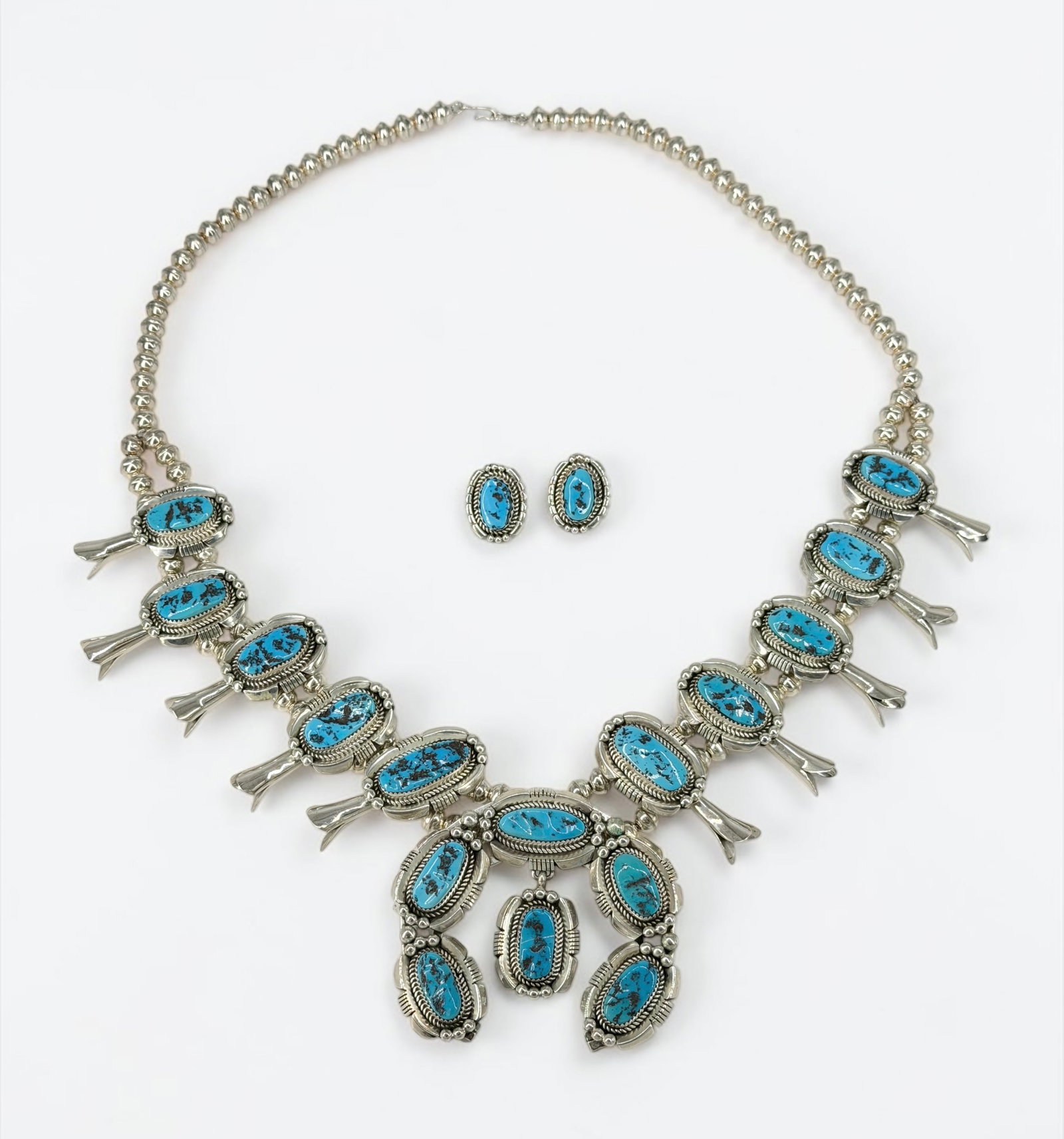 Native American Sterling & Turquoise Squash Blossom Necklace & Earrings (1 of 8)