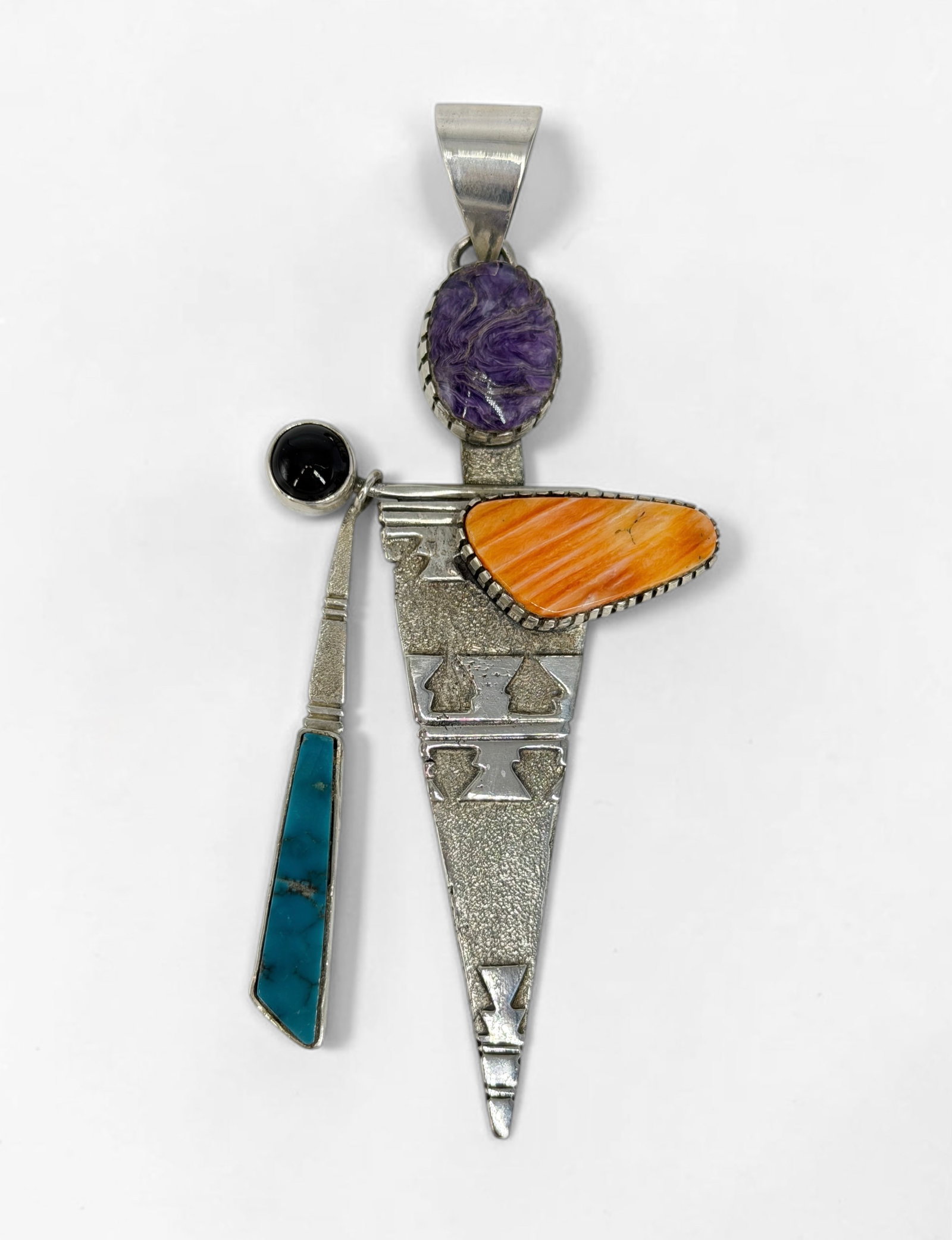 Prairie Fire Multi-Stone Sterling Silver Pendant: Stamped on the reverse. Dimensions: 4" x 2" Total Weight: 28.6g Condition: The pendant is in very good condition. 