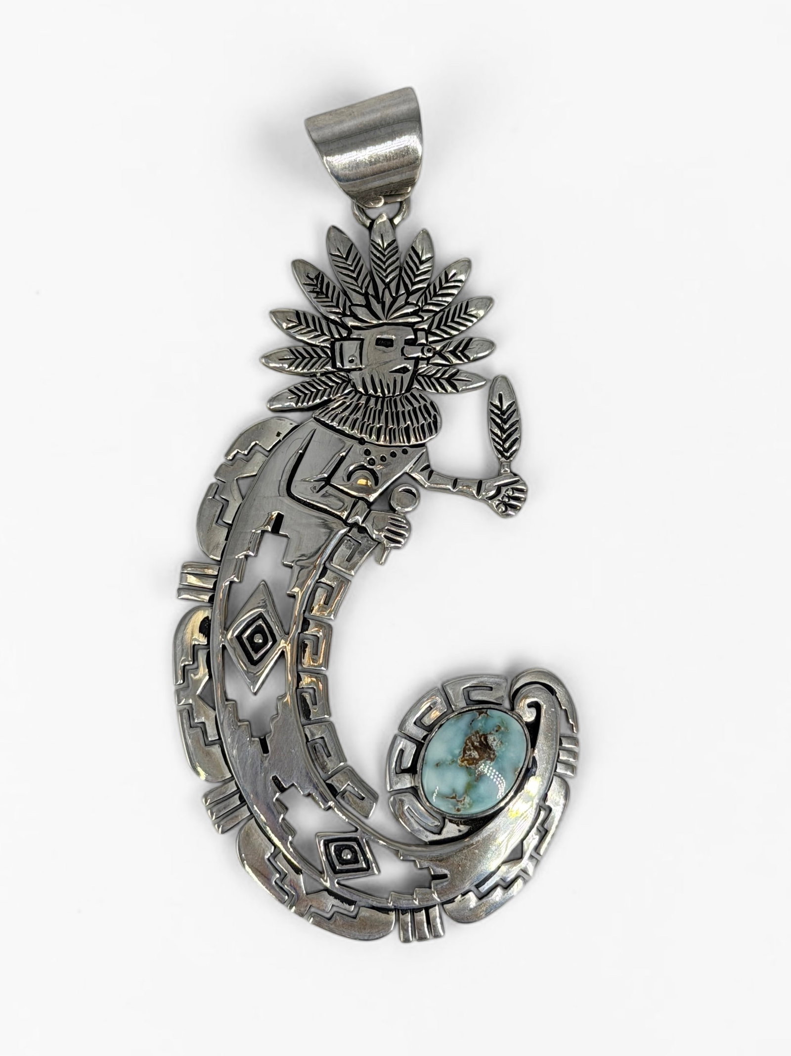 Fred Charley Sterling Silver & Turquoise Pendant: Stamped on the reverse. Dimensions: 3 1/2" x 1 3/4" Total Weight: 27.9g Condition: In very good condition. 