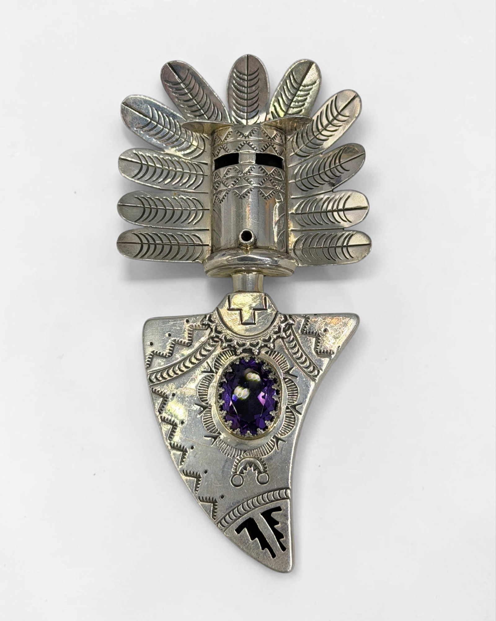 Elvis Nelson Sterling Silver & Amethyst Pendant: Stamped on the reverse. Dimensions: 4" x 2" Total Weight: 33.9g Condition: The pendant is in good condition. 