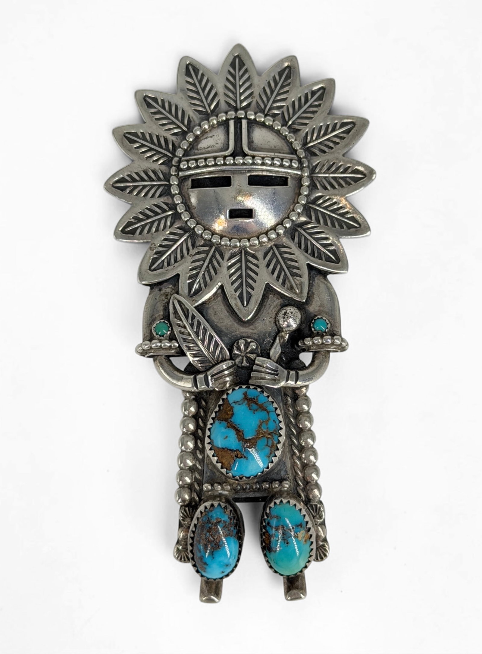 Jerry Roan Silver & Turquoise Kachina Pendant: Stamped on reverse. Dimensions: 4" x 2" Condition: Minor tarnishing and surface scratches. 